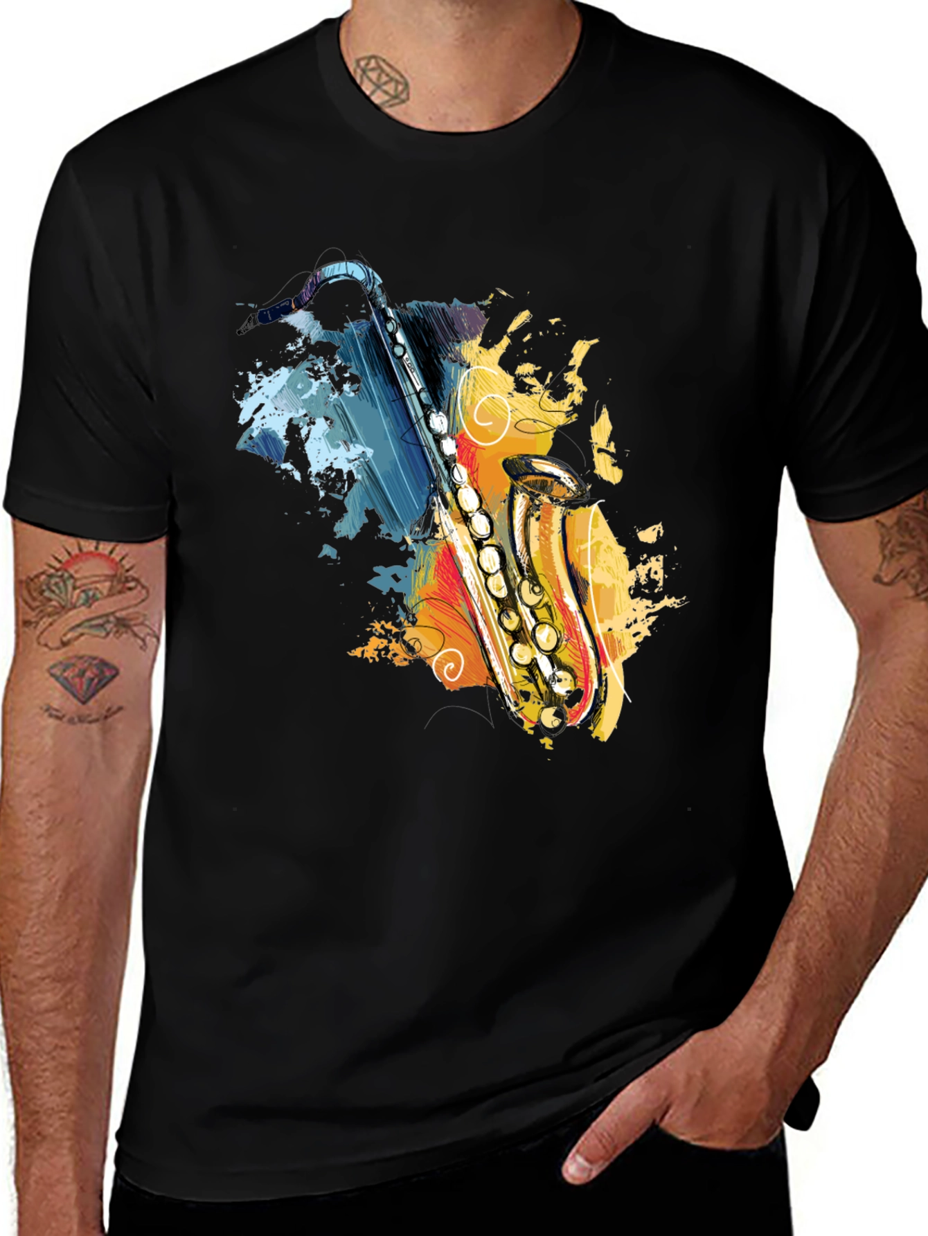Variant 30 of Saxophone Art Graphic T-Shirt - Black Cotton Tee