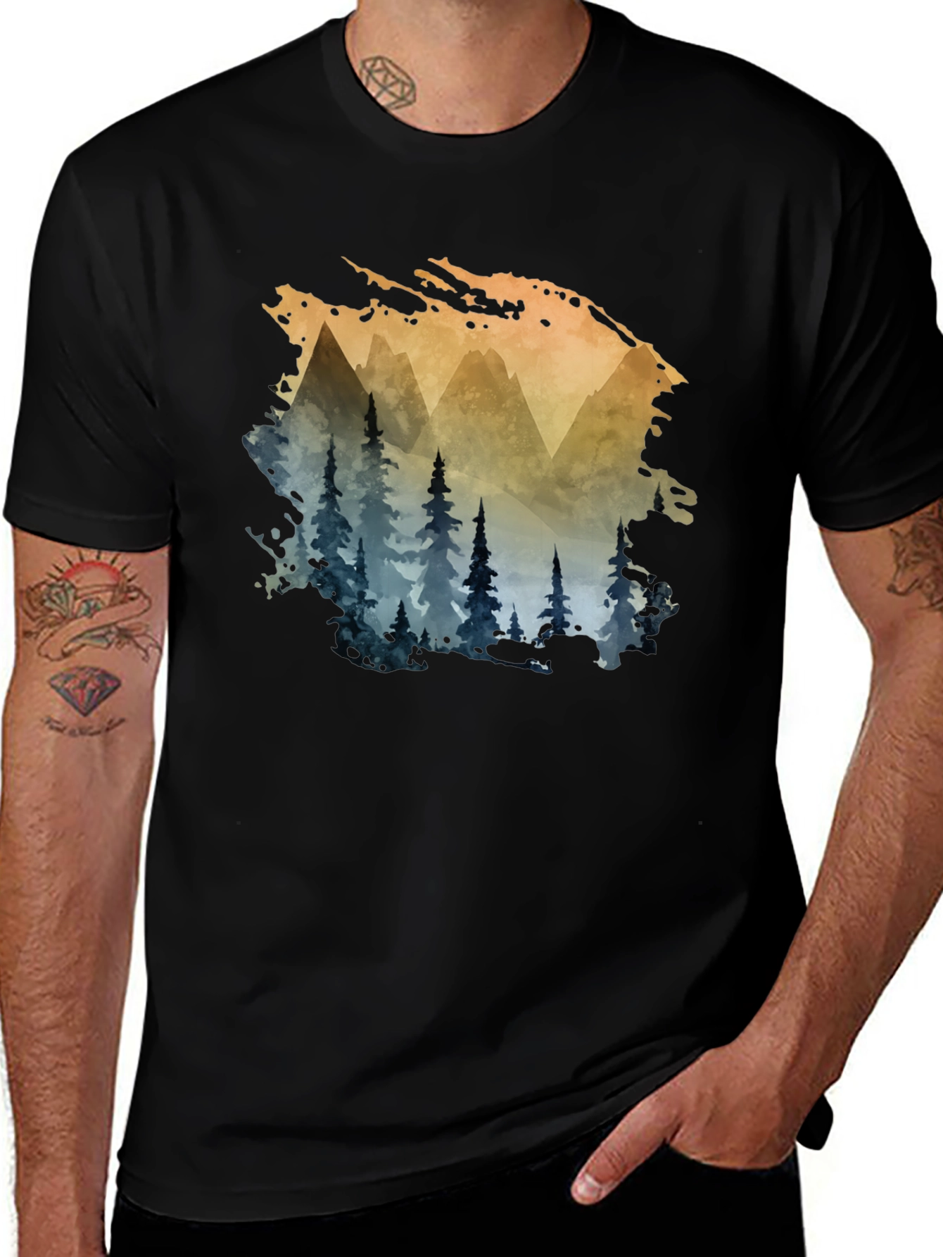 Variant 2 of Watercolor Mountain & Trees Graphic Tee - Black