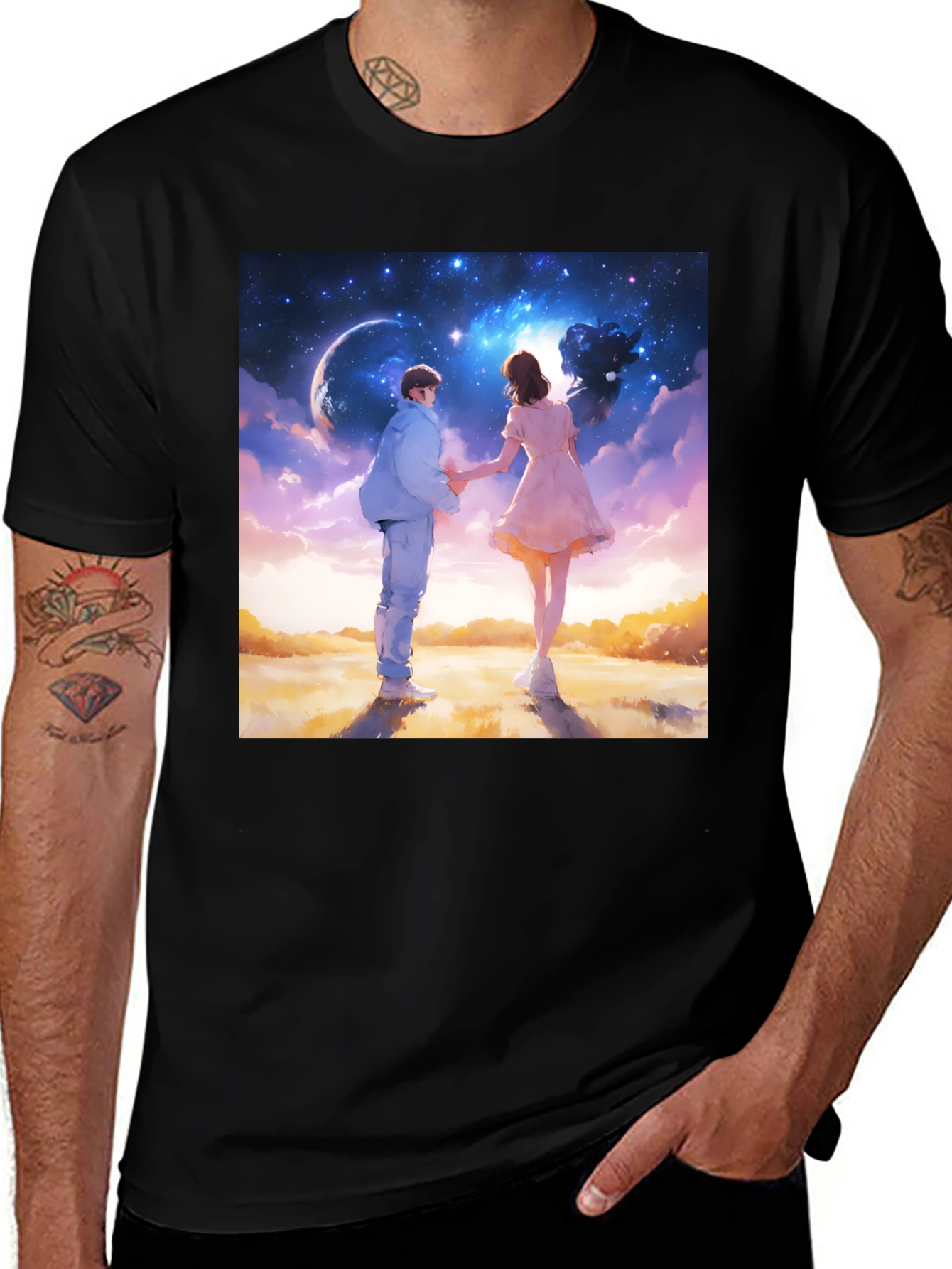 Variant 28 of Romantic Couple Galaxy Graphic Tee - Black