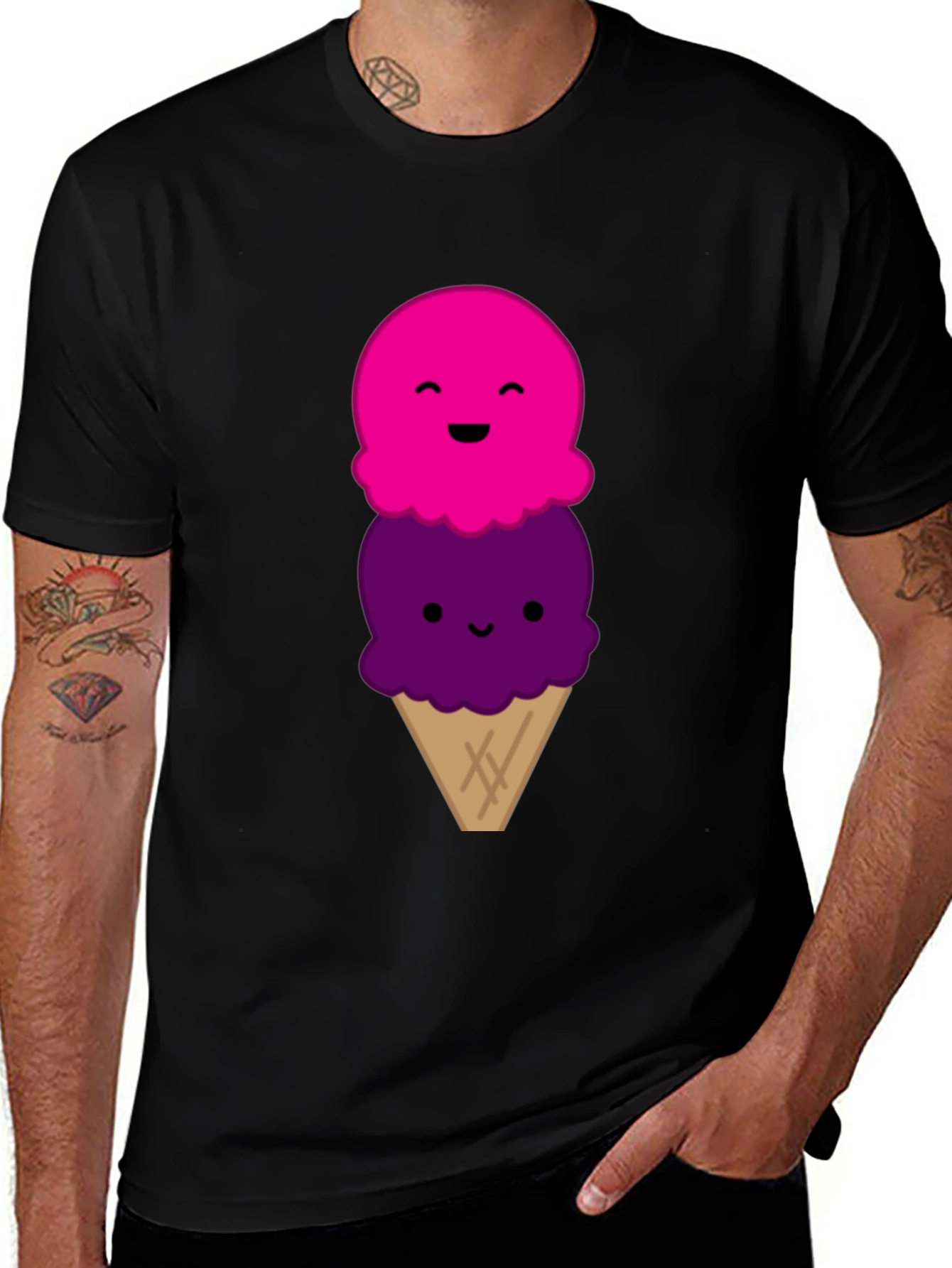 Variant 22 of Cute Cartoon Ice Cream Graphic Black T-Shirt