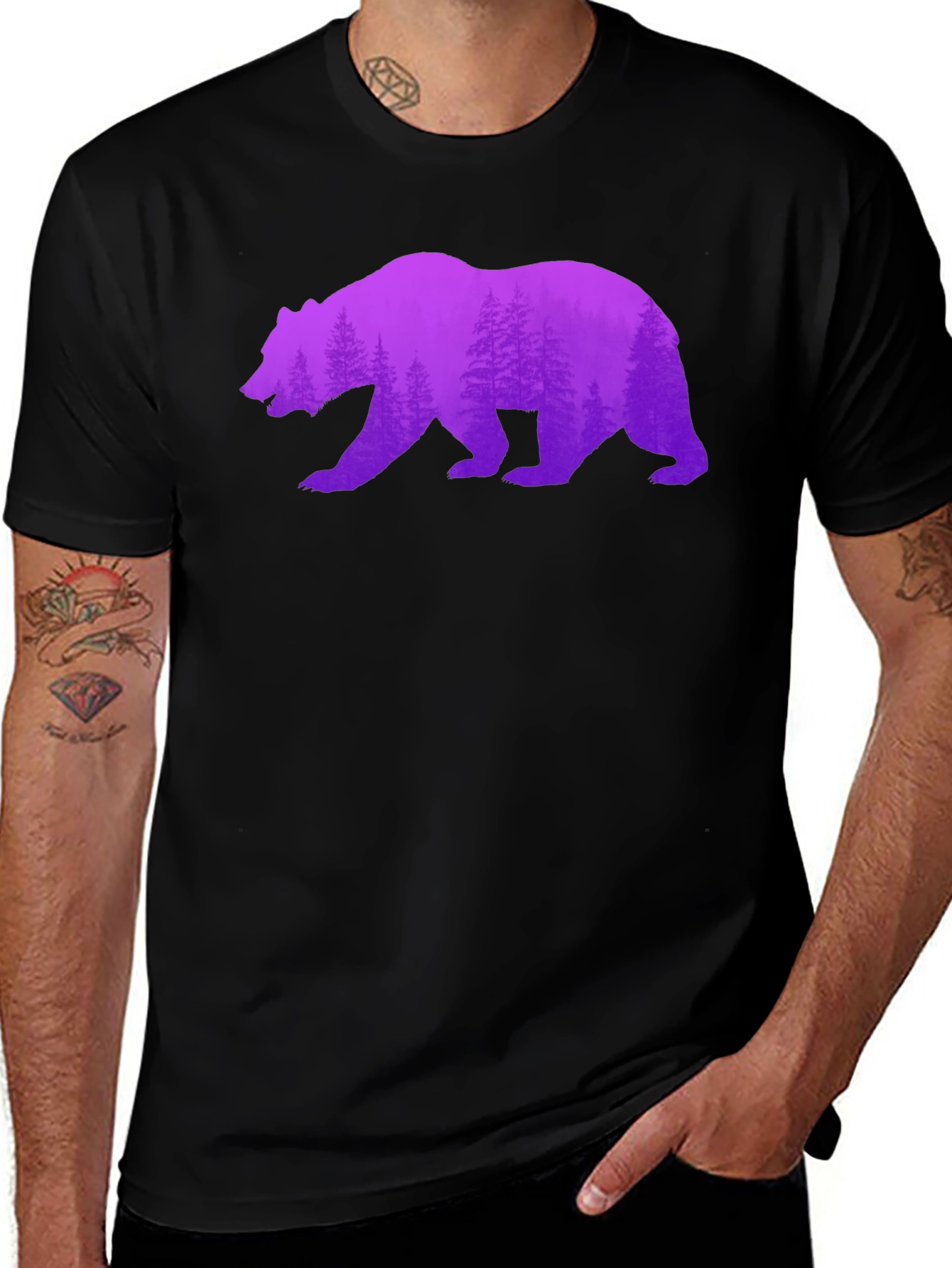 Variant 5 of Bear Silhouette Forest Print Black Tee