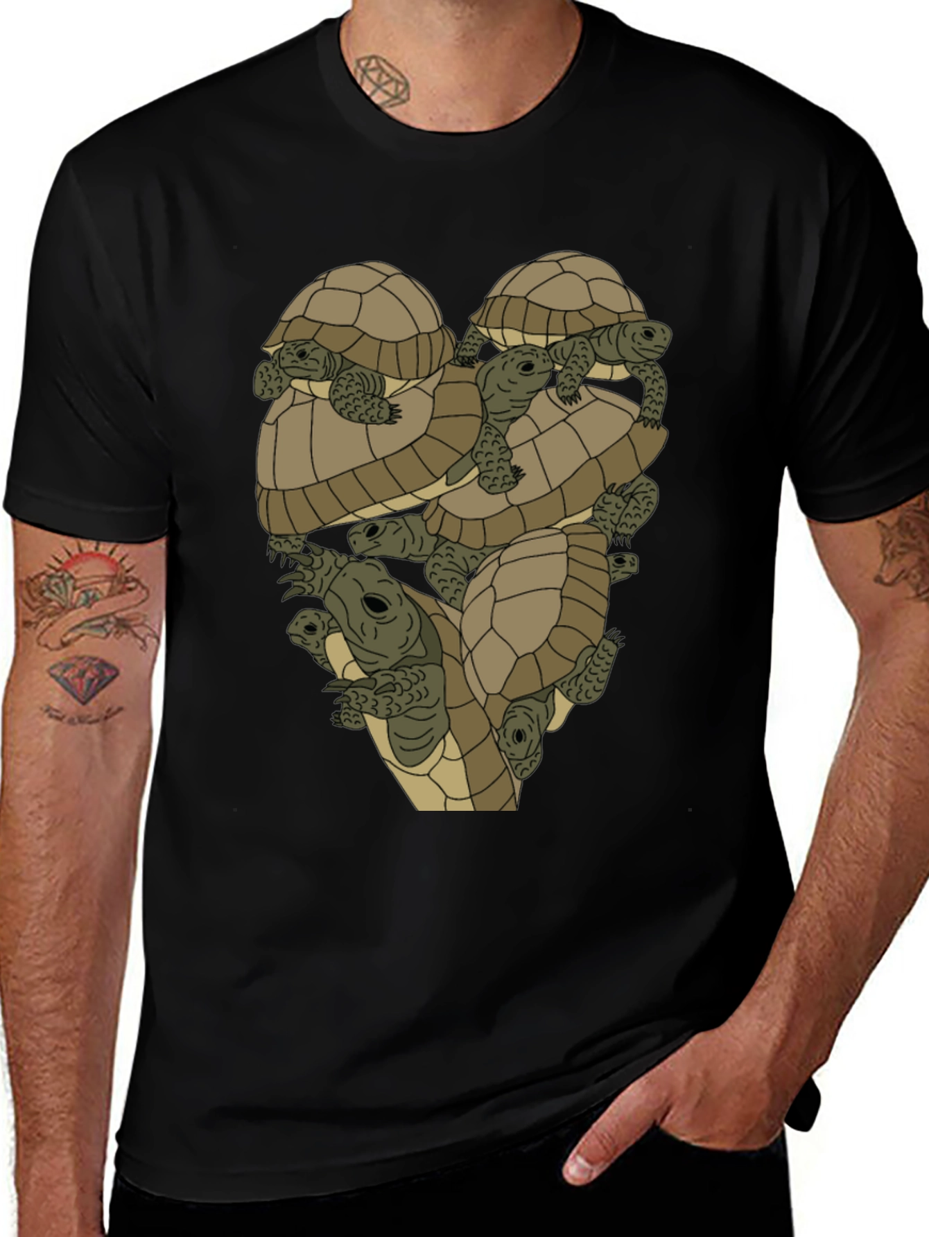 Variant 17 of Turtle Pile Graphic T-Shirt - Black Cotton Tee