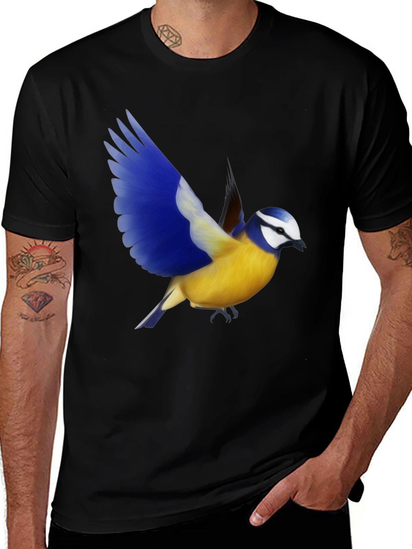 Variant 7 of Blue Tit Bird Graphic Tee - Black Cotton Casual Shirt
