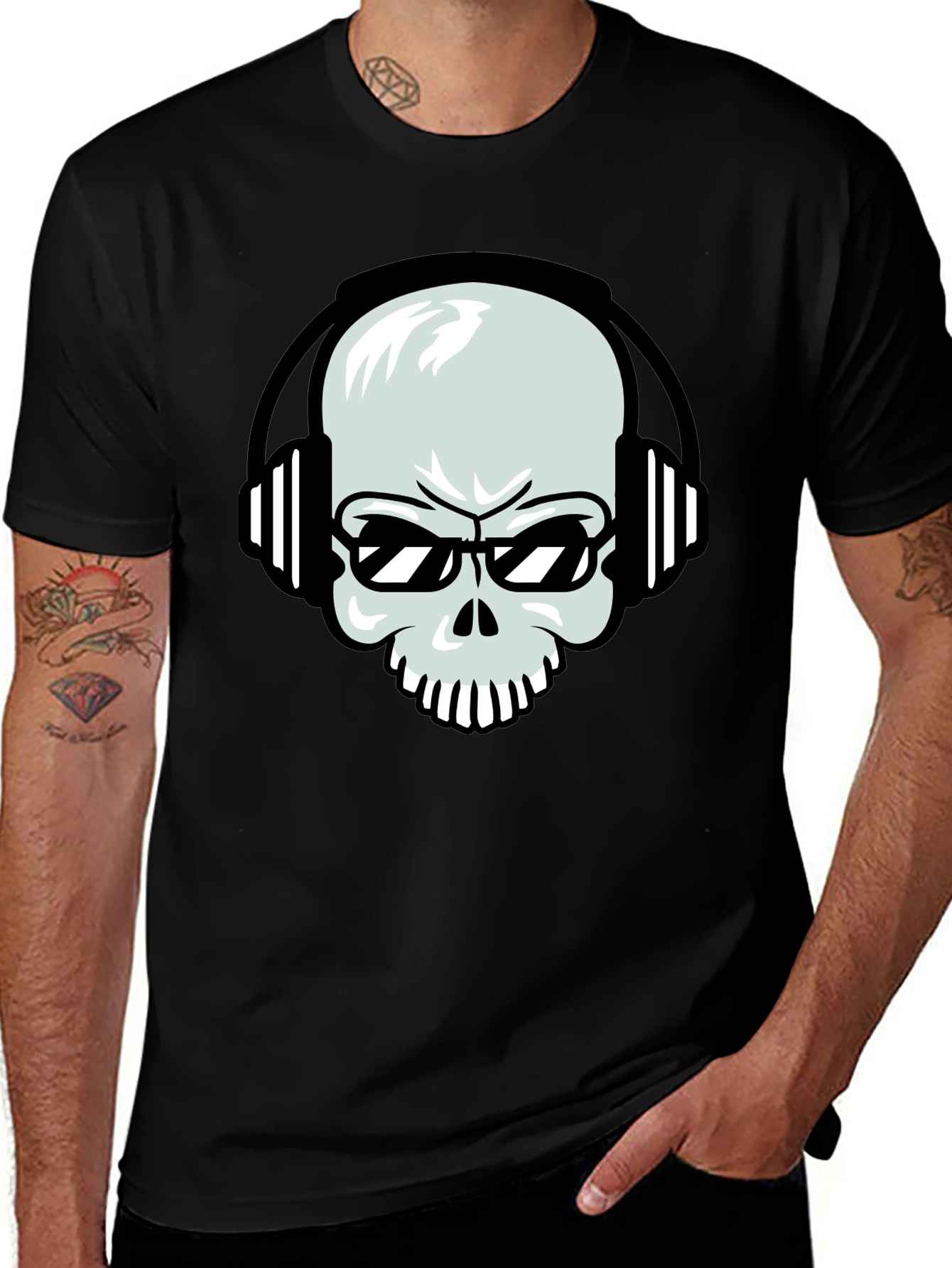 Black Skull with Headphones Graphic Tee - Black Cotton T-Shirt main image