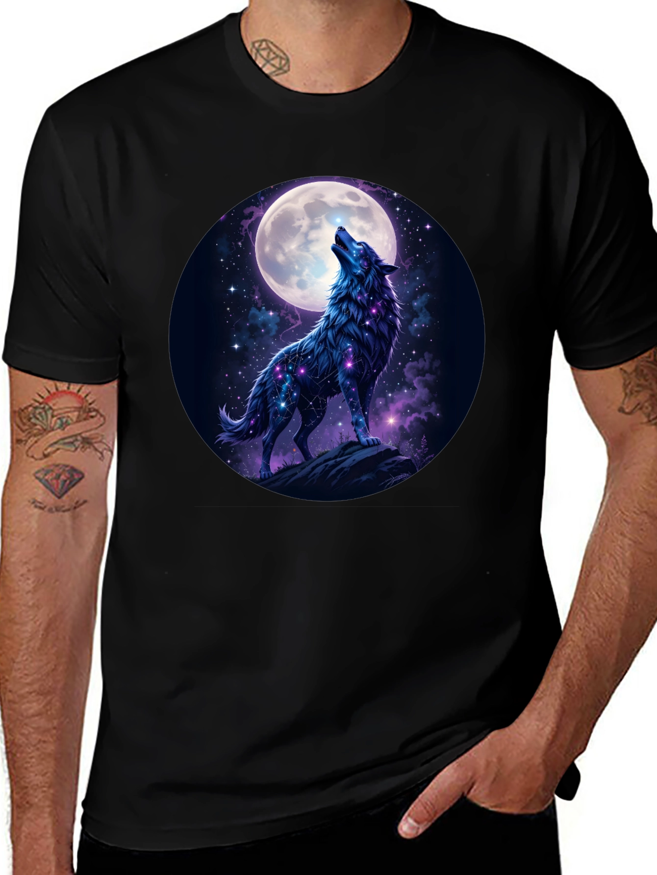 Variant 20 of Wolf Howling at Moon Graphic Tee - Black Cotton