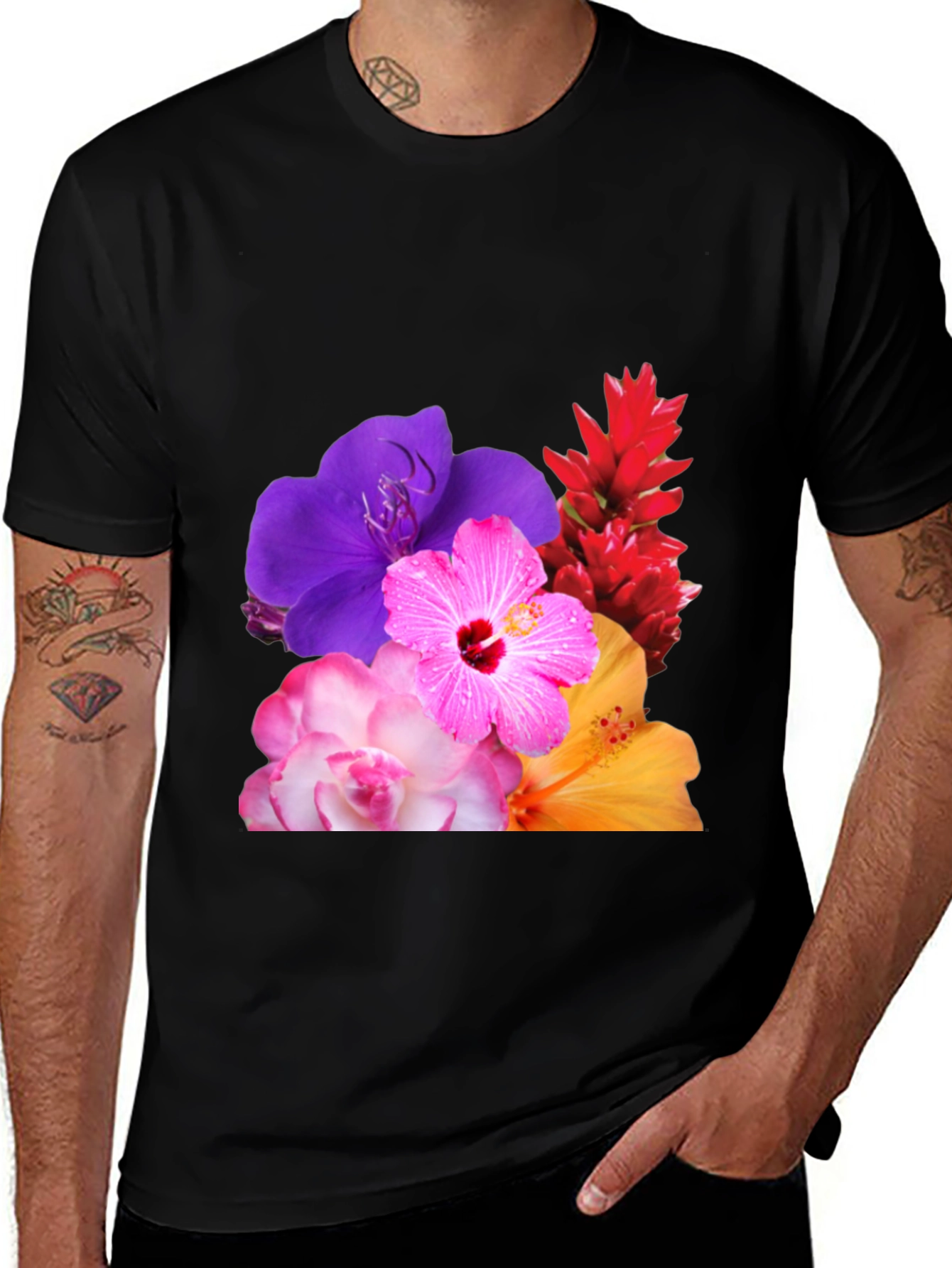 Variant 10 of Floral Print Black T-Shirt - Vibrant Blossom Design
