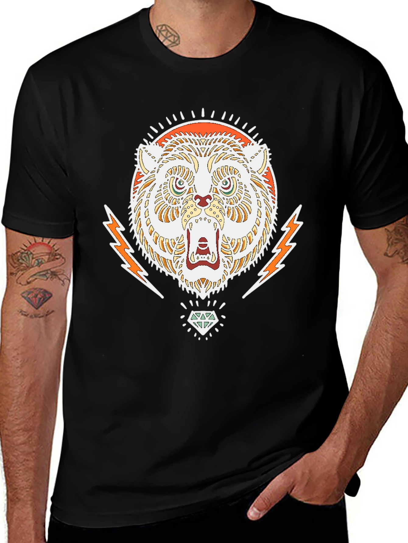 Black Cool Graphic Tee - Tiger & Diamond Design main image