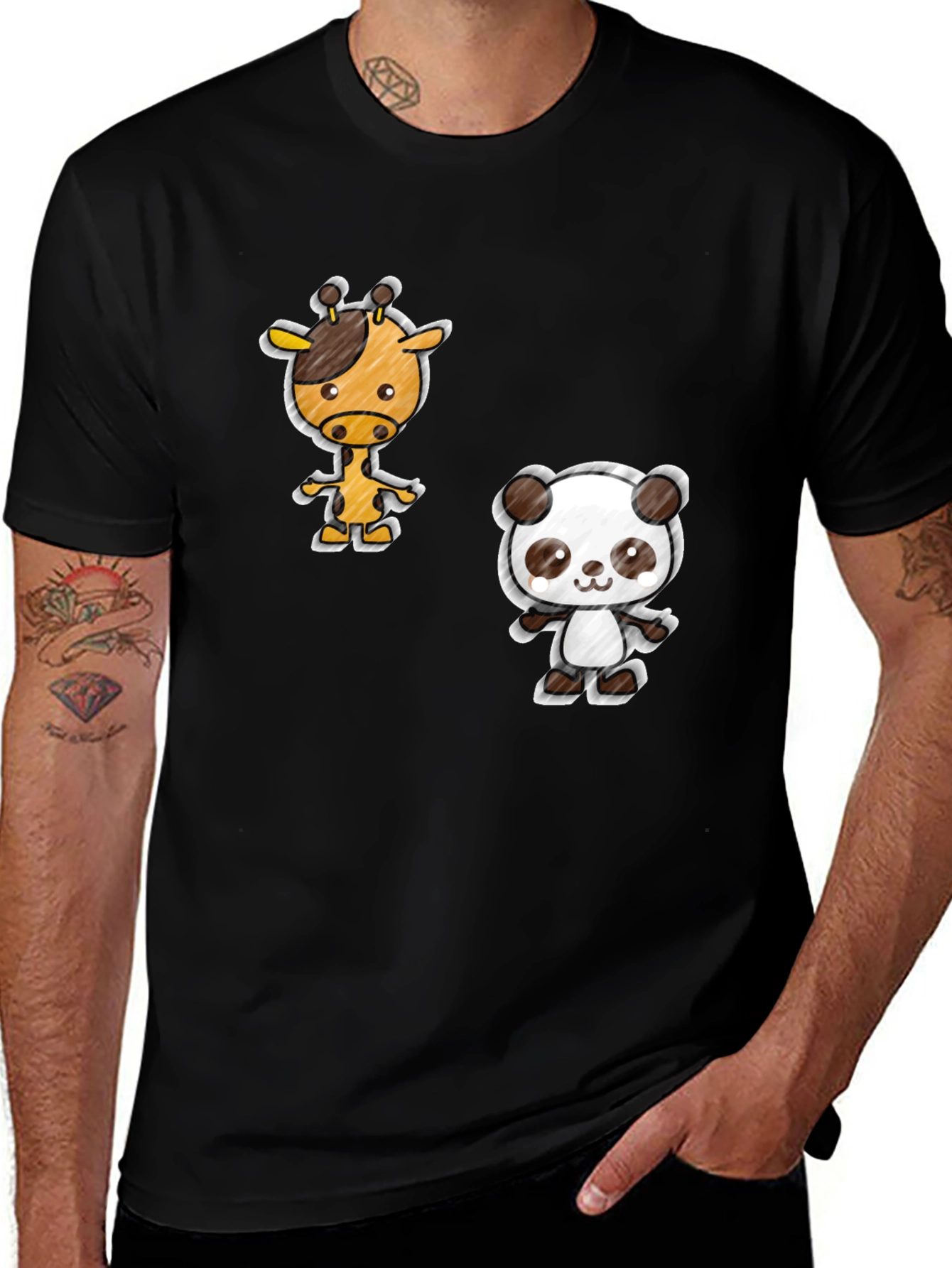 Variant 28 of Cartoon Giraffe & Panda Black T-Shirt