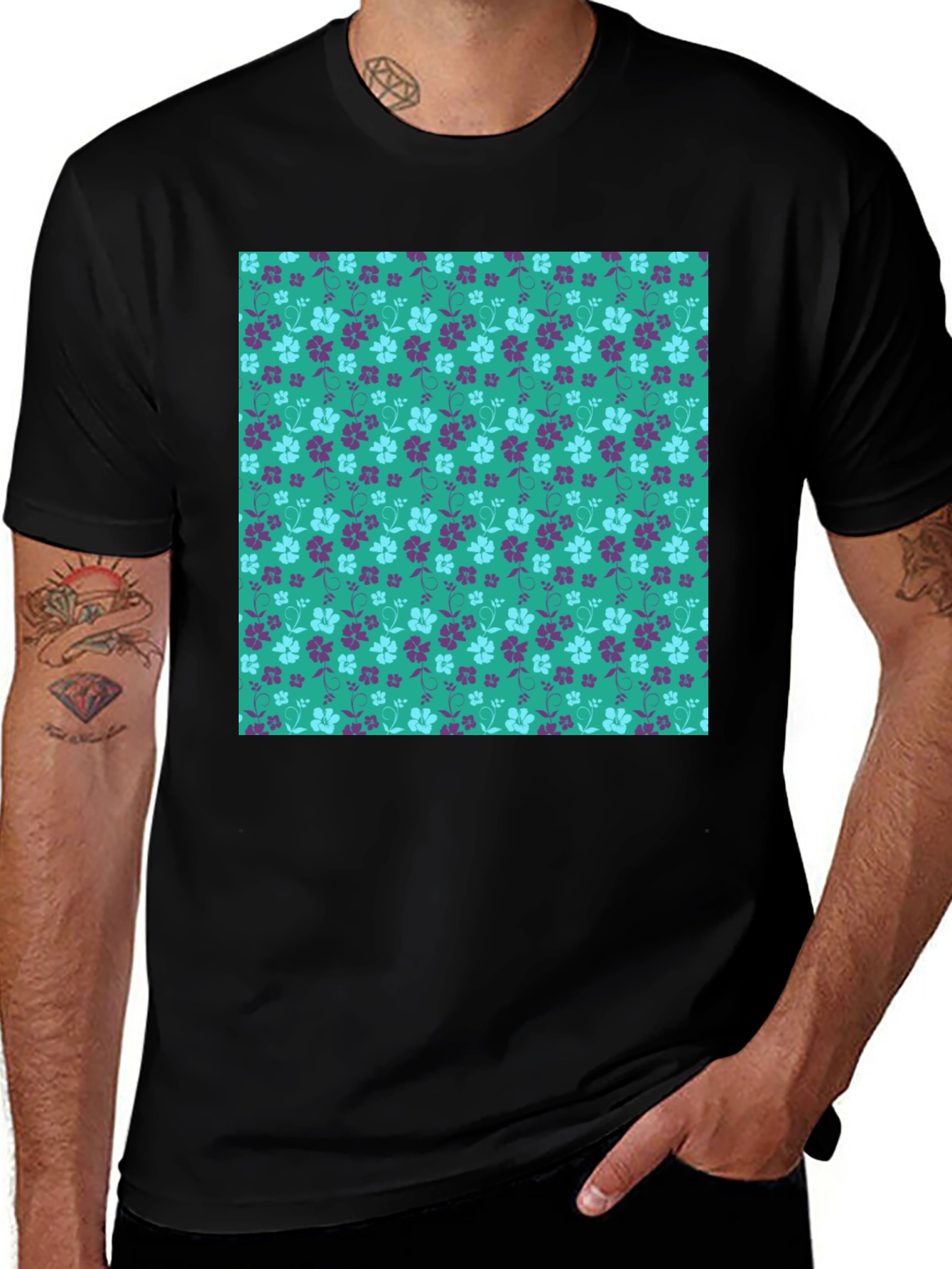 Variant 26 of Floral Pattern Tee - Stylish Men's Black T-Shirt