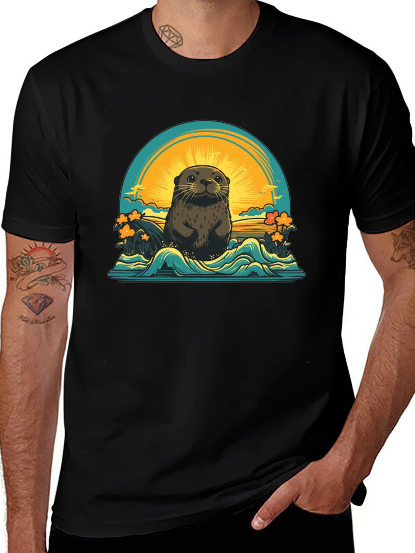 Variant 18 of Otter Sunset Graphic T-Shirt - Black