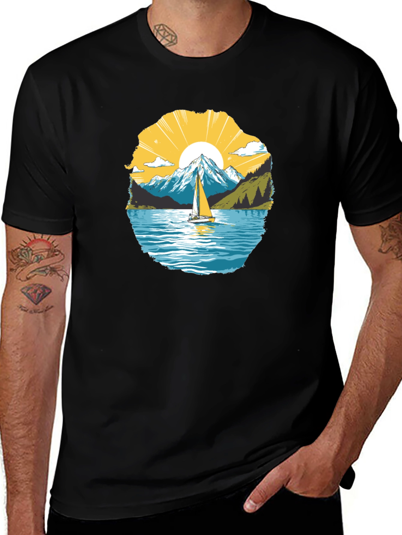 Variant 21 of Scenic Sailboat Mountain Graphic Black T-Shirt