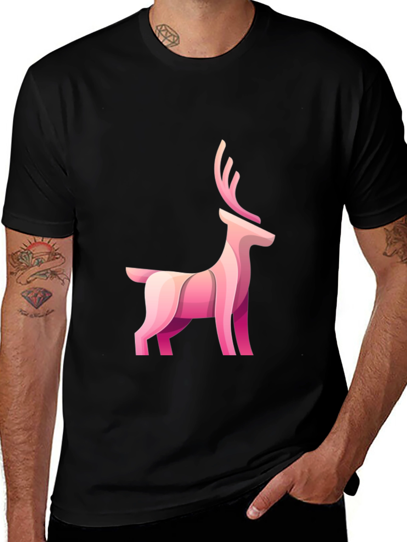 Black Stylish Black Tee with Pink Deer Graphic main image