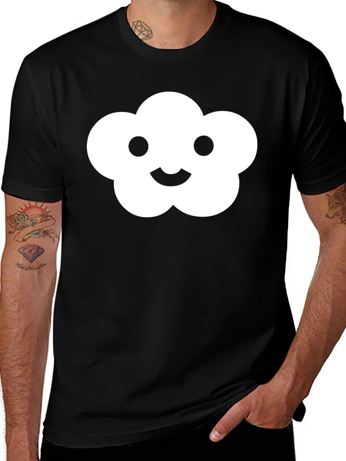 Variant 17 of Cute Cloud Smiley Face Graphic Tee - Black Cotton T-Shirt
