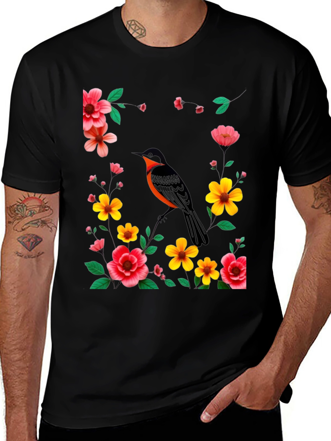 Black Floral Bird Graphic Tee - Stylish Men's Black T-Shirt main image