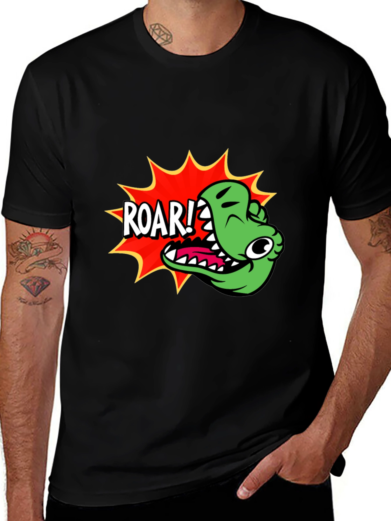 Variant 22 of Roar! Cartoon Dinosaur Graphic Black T-Shirt