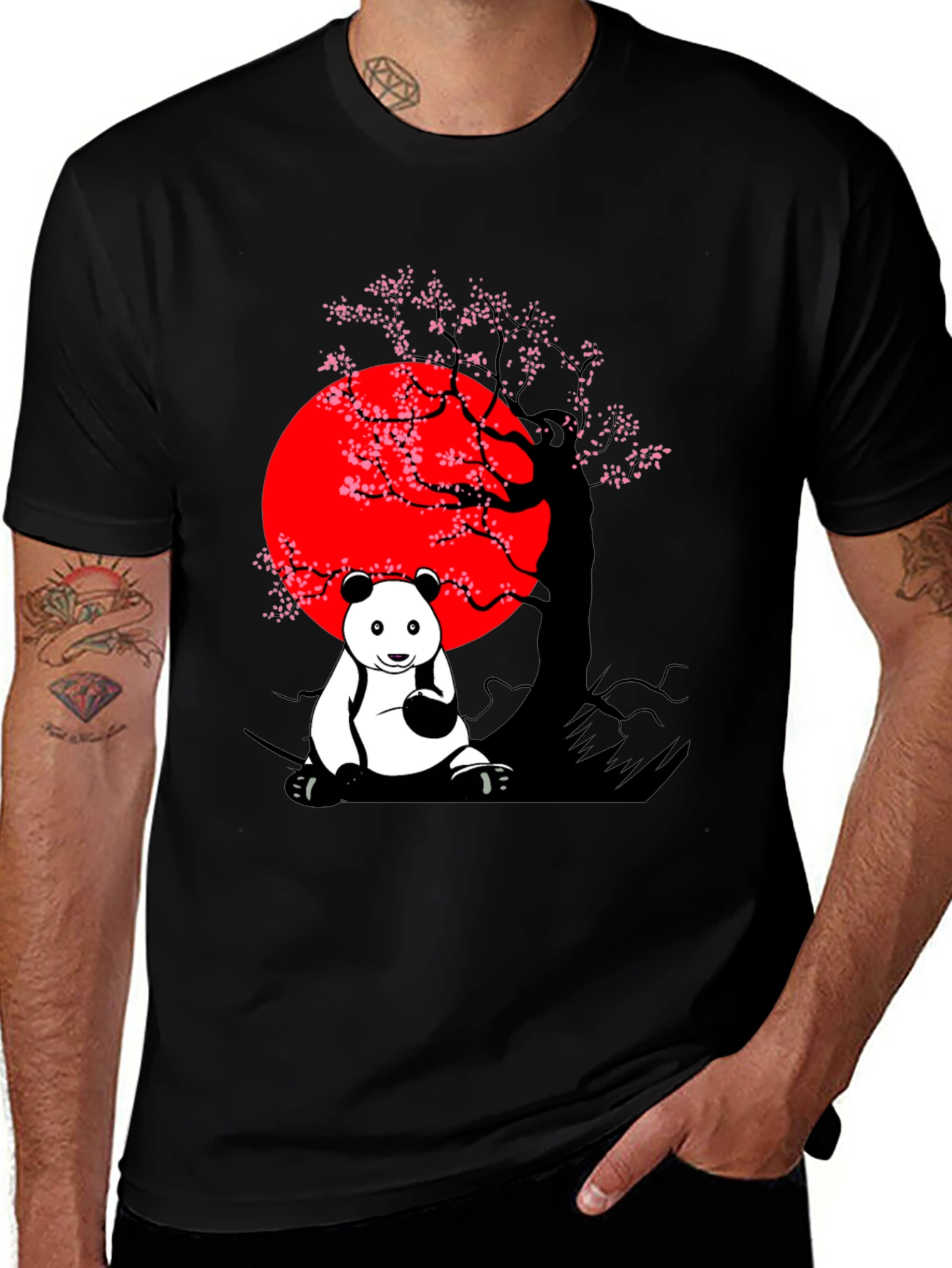 Variant 10 of Panda & Cherry Blossom Graphic Tee - Black Cotton Blend