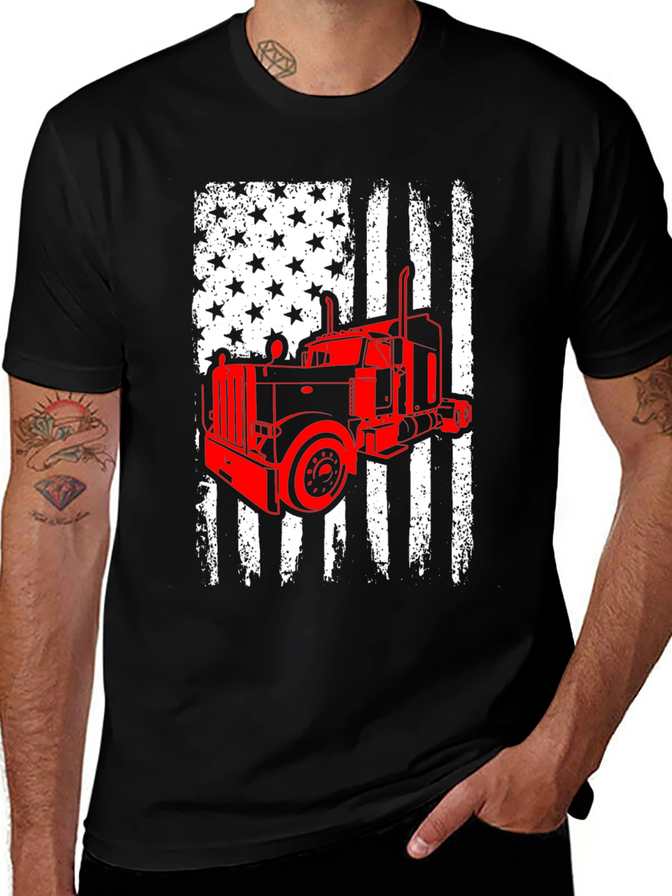 Variant 10 of Trucker American Flag Graphic Tee - Black Cotton Blend