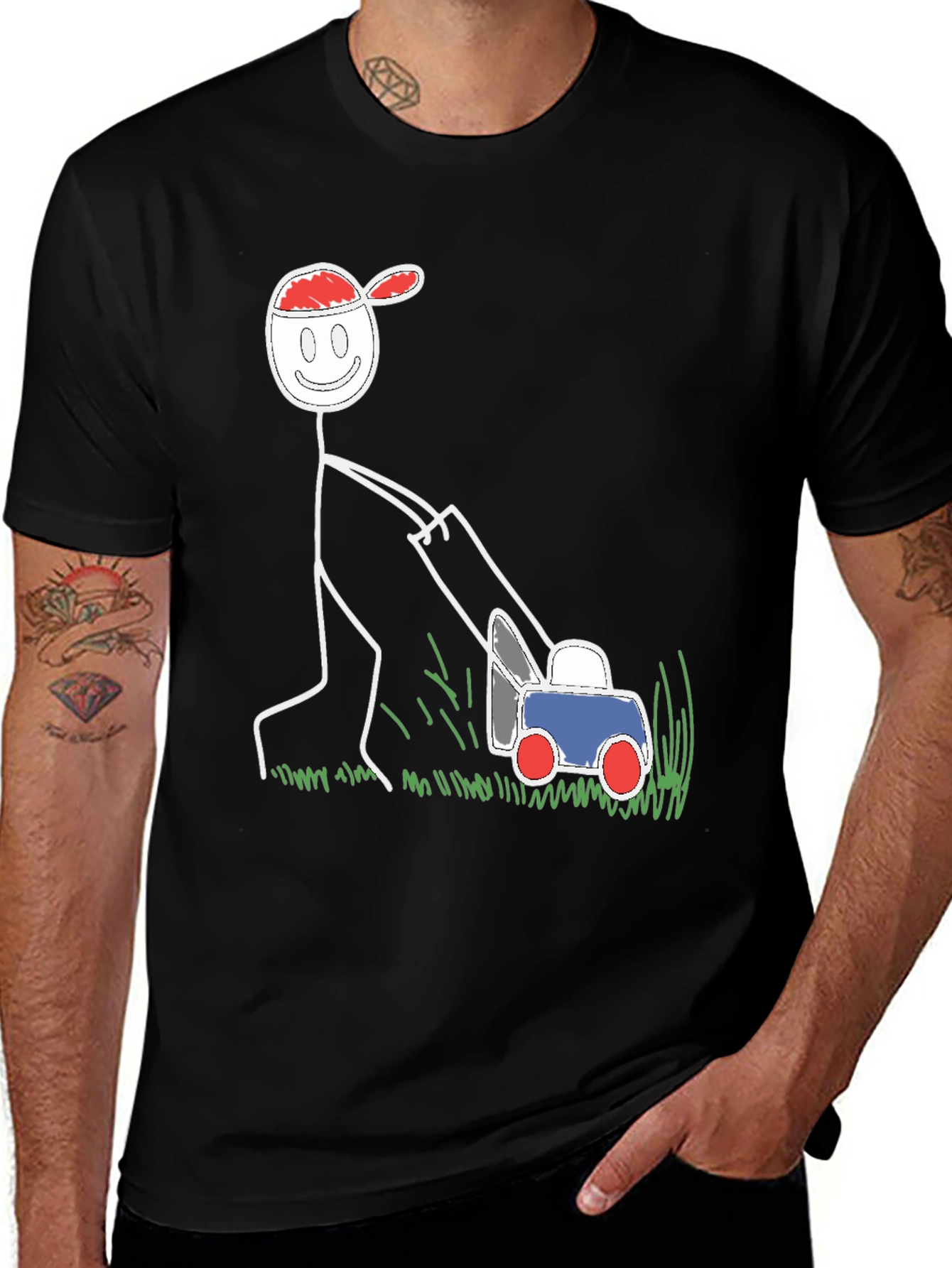 Black Funny Stick Figure Lawn Mower Graphic Tee main image