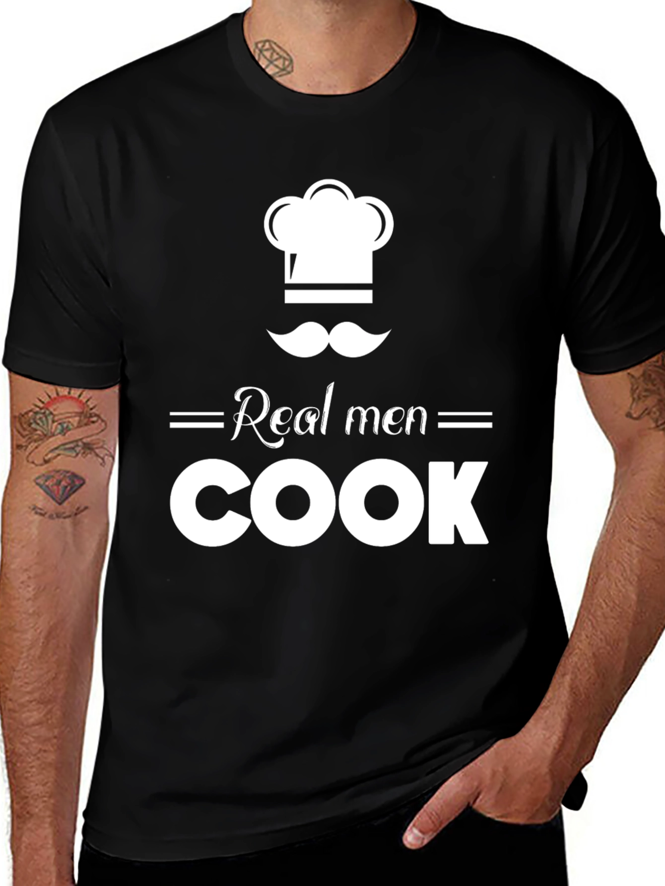Variant 24 of Real Men Cook Graphic T-Shirt - Chef Hat & Mustache Design