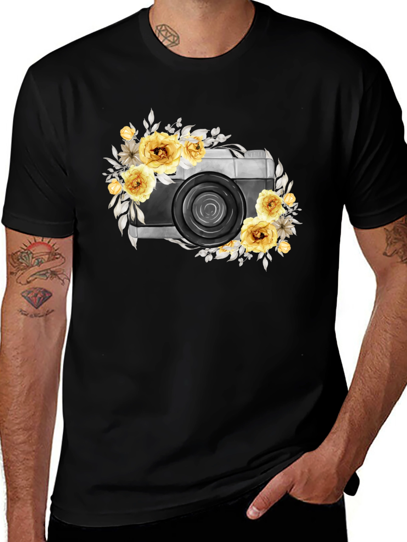Variant 5 of Floral Camera Graphic T-Shirt - Black Cotton Tee