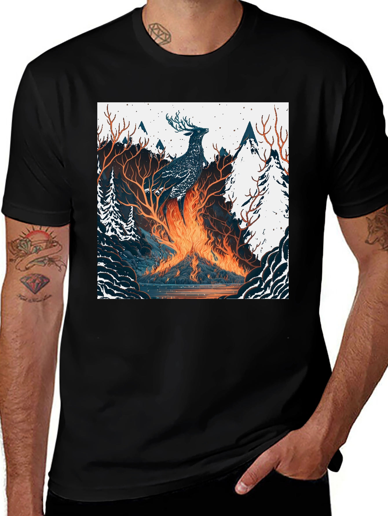 Variant 18 of Fiery Deer Graphic Tee - Black Cotton T-Shirt