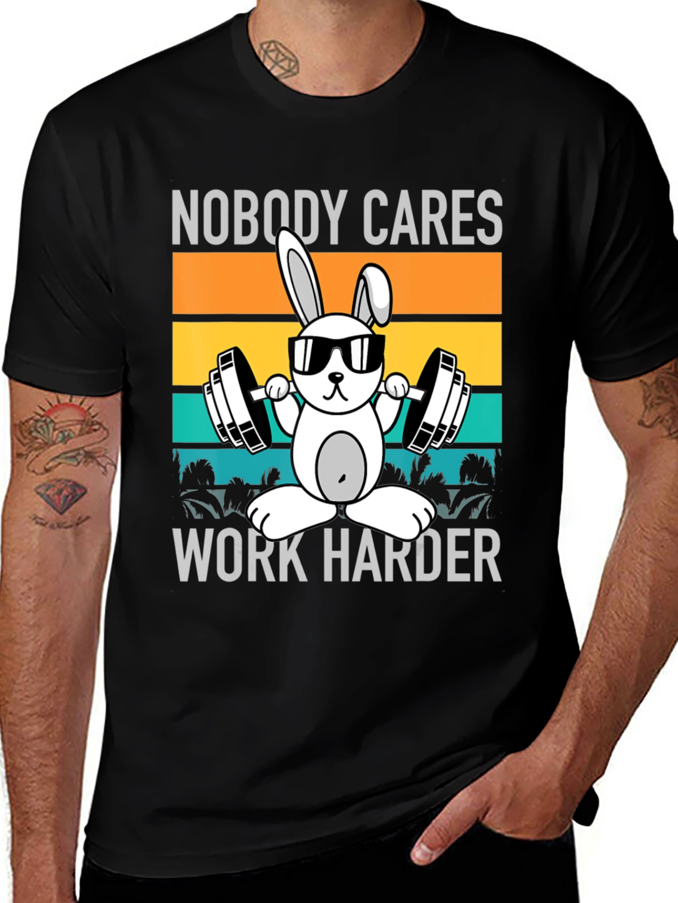Black Funny Workout Bunny T-Shirt - Nobody Cares, Work Harder main image