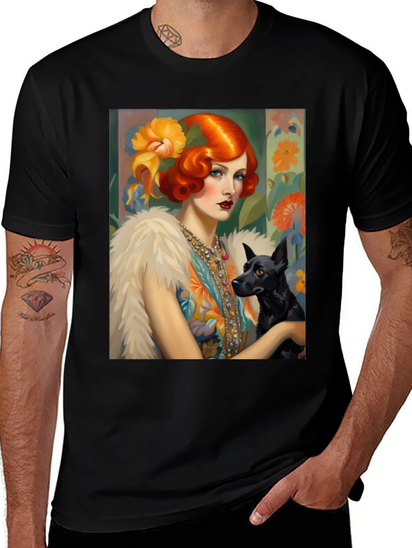 Variant 21 of Art Deco Lady & Dog Graphic Tee - Stylish Black T-Shirt