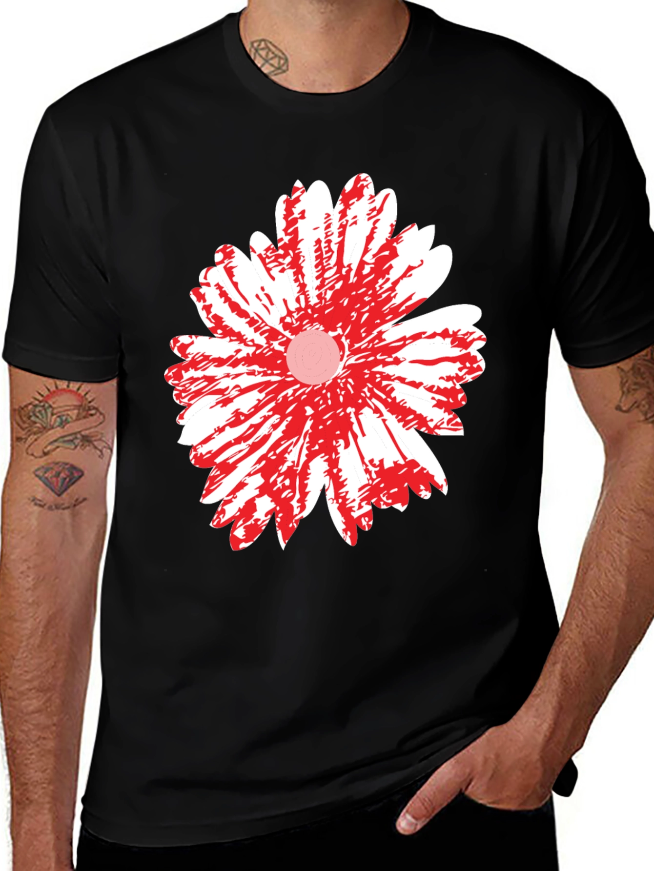 Black T-Shirt with Red & White Daisy Flower Graphic