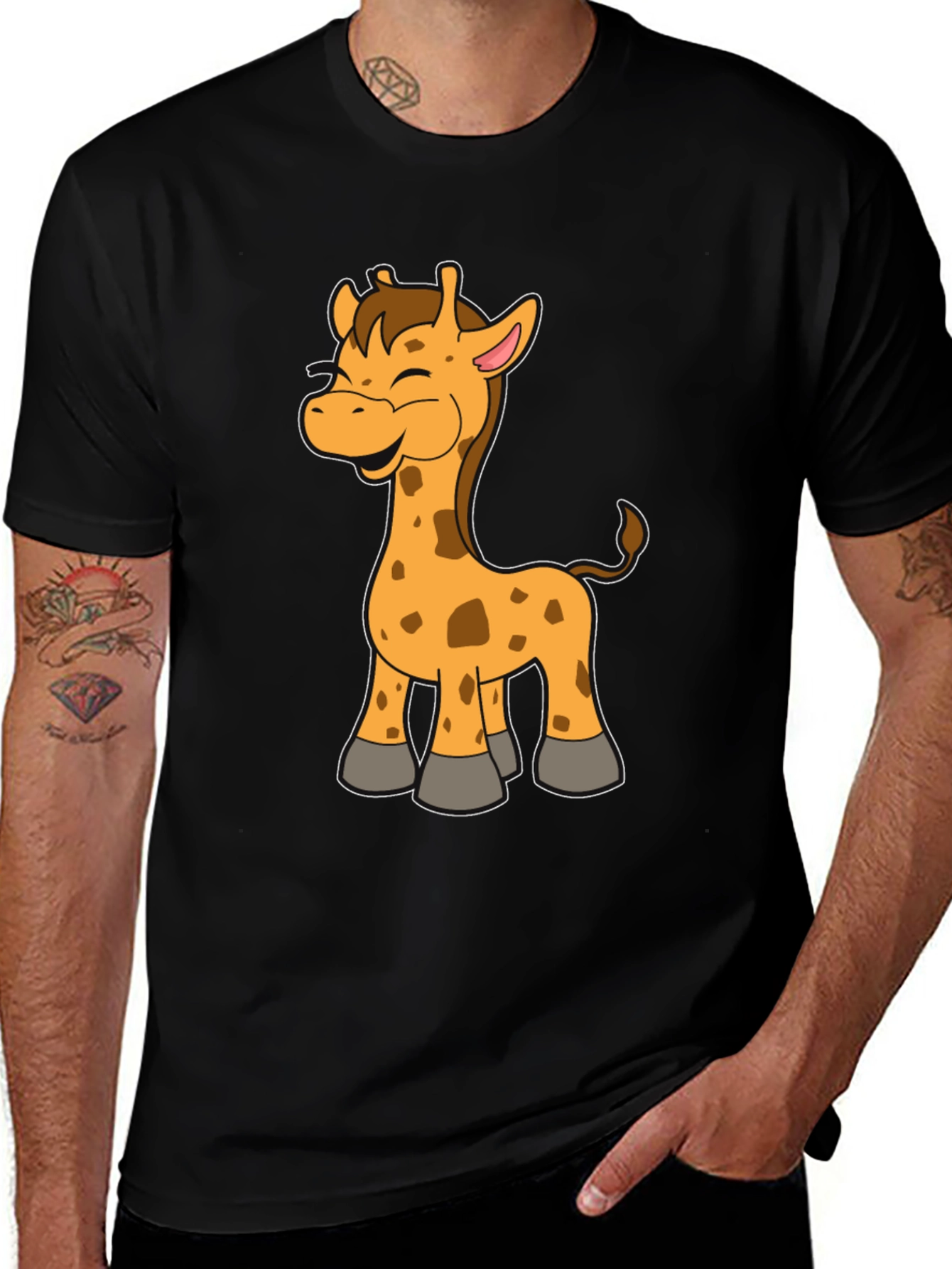 Variant 10 of Cartoon Giraffe Graphic T-Shirt - Black Cotton Tee