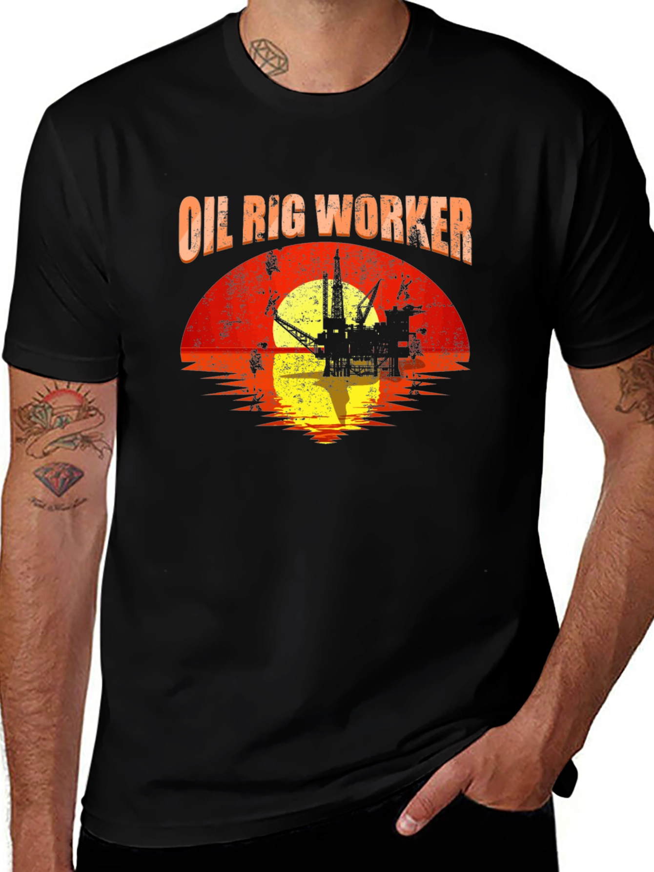 Oil Rig Worker Graphic Tee - Sunset Silhouette