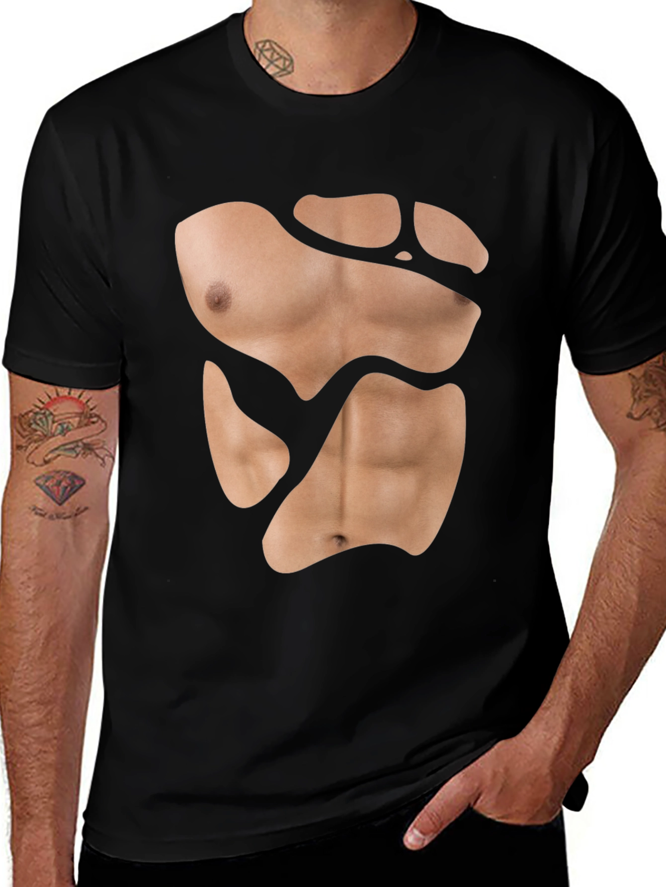 Variant 2 of Funny Abs Illusion T-Shirt - Black Short Sleeve Novelty Tee