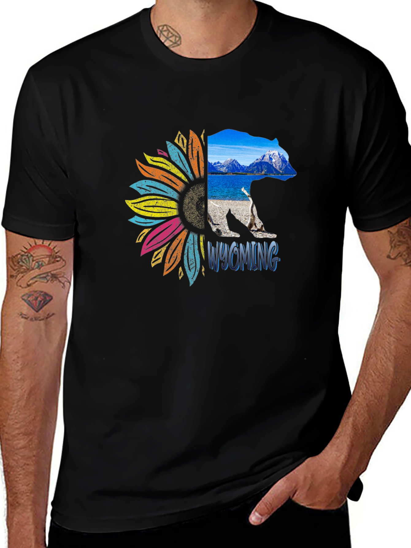 Variant 17 of Wyoming Bear Sunflower Graphic Tee - Black