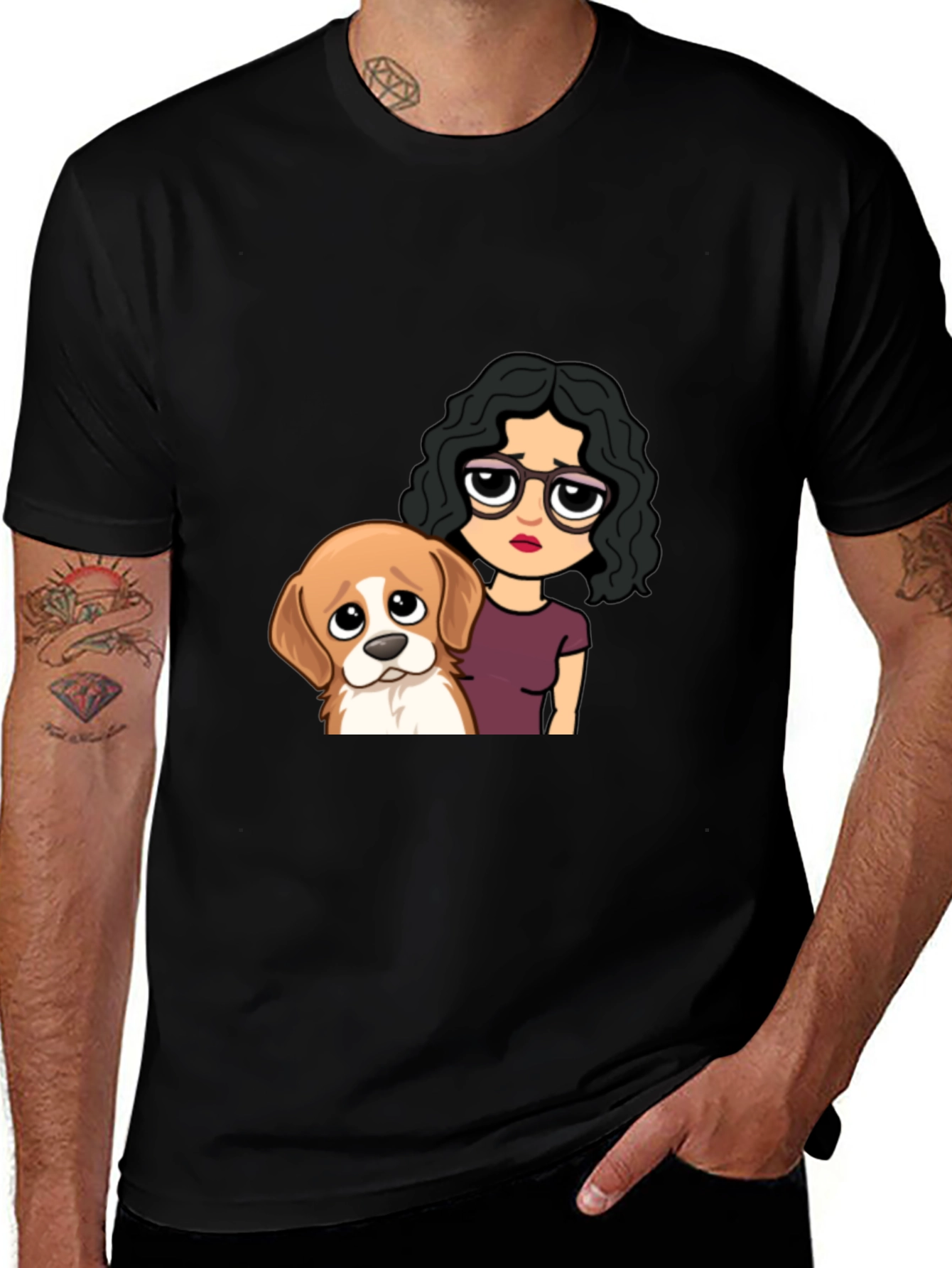 Variant 2 of Cute Cartoon Dog & Girl Graphic Tee - Black