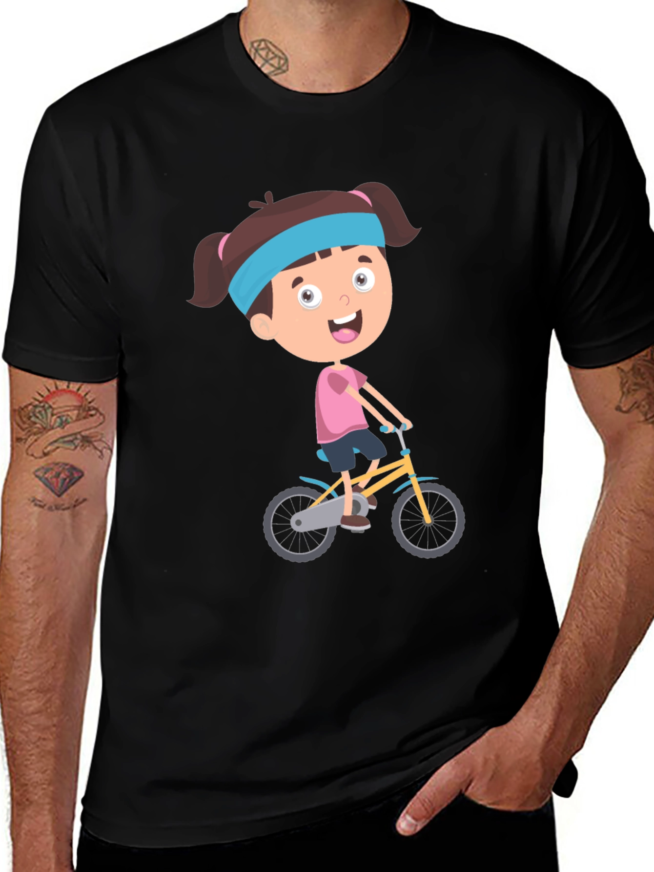 Variant 6 of Cartoon Girl Biking Graphic Print Tee - Casual Comfort