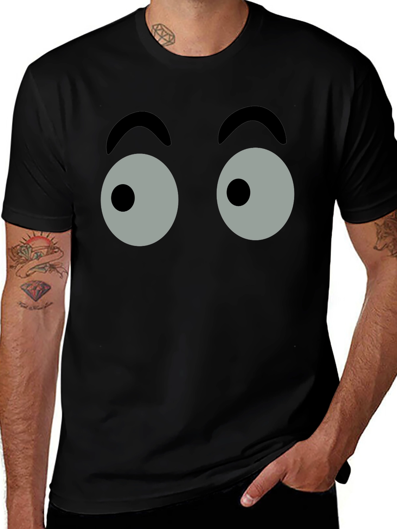 Googly Eyes Black T-Shirt, Cartoon Design