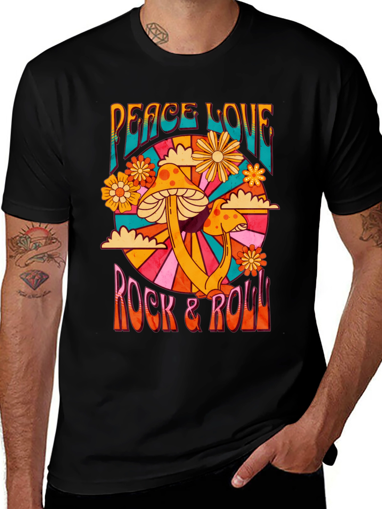 Variant 30 of Peace Love Rock & Roll Mushroom Graphic Tee
