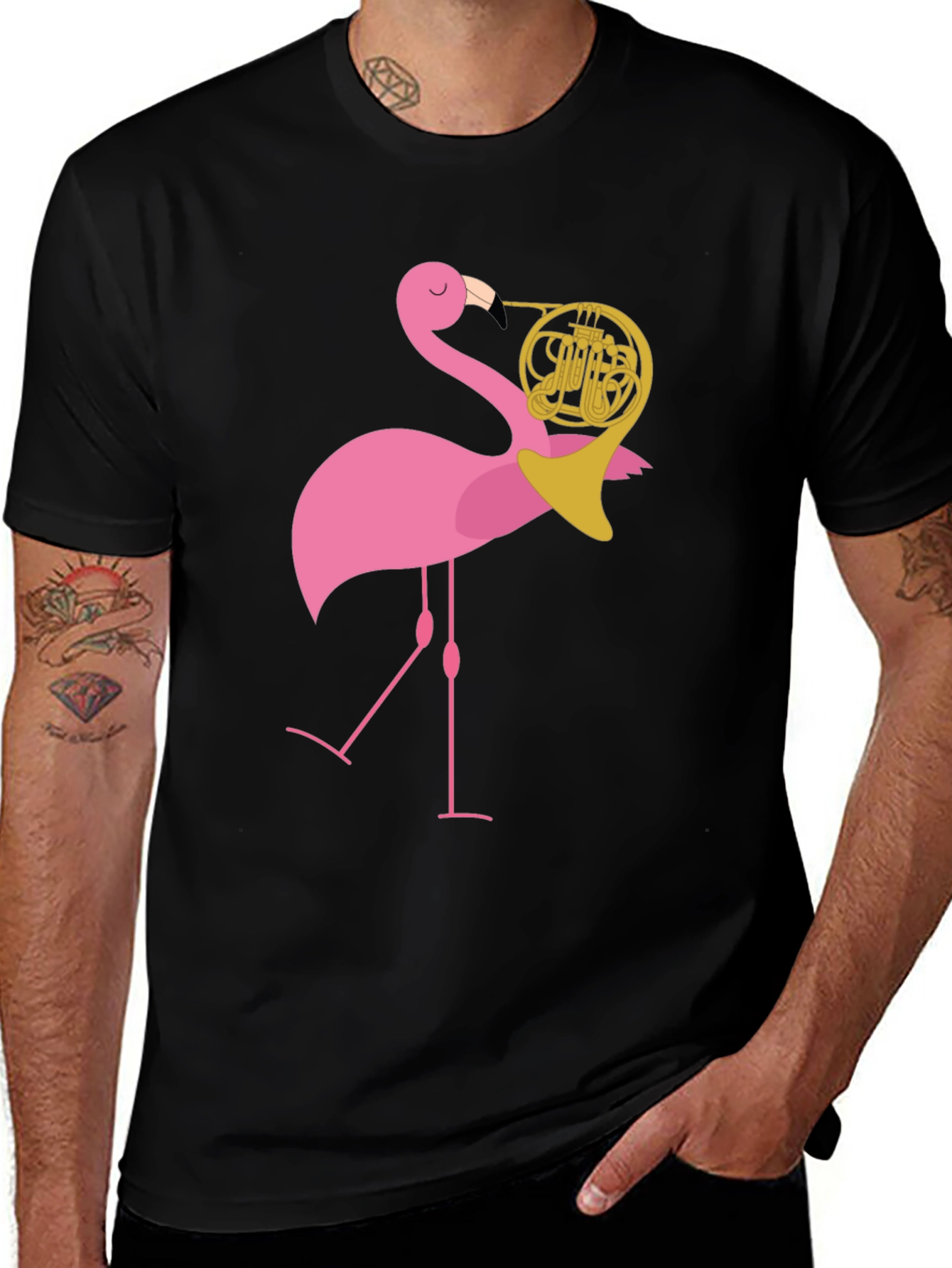 Variant 4 of Flamingo French Horn Graphic Tee - Black Cotton T-Shirt