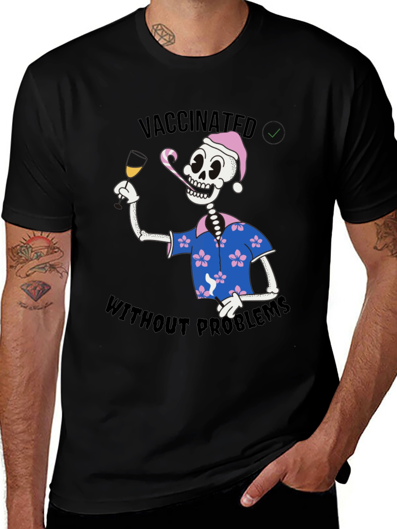 Black Vaccinated Skeleton T-Shirt - No Problems main image