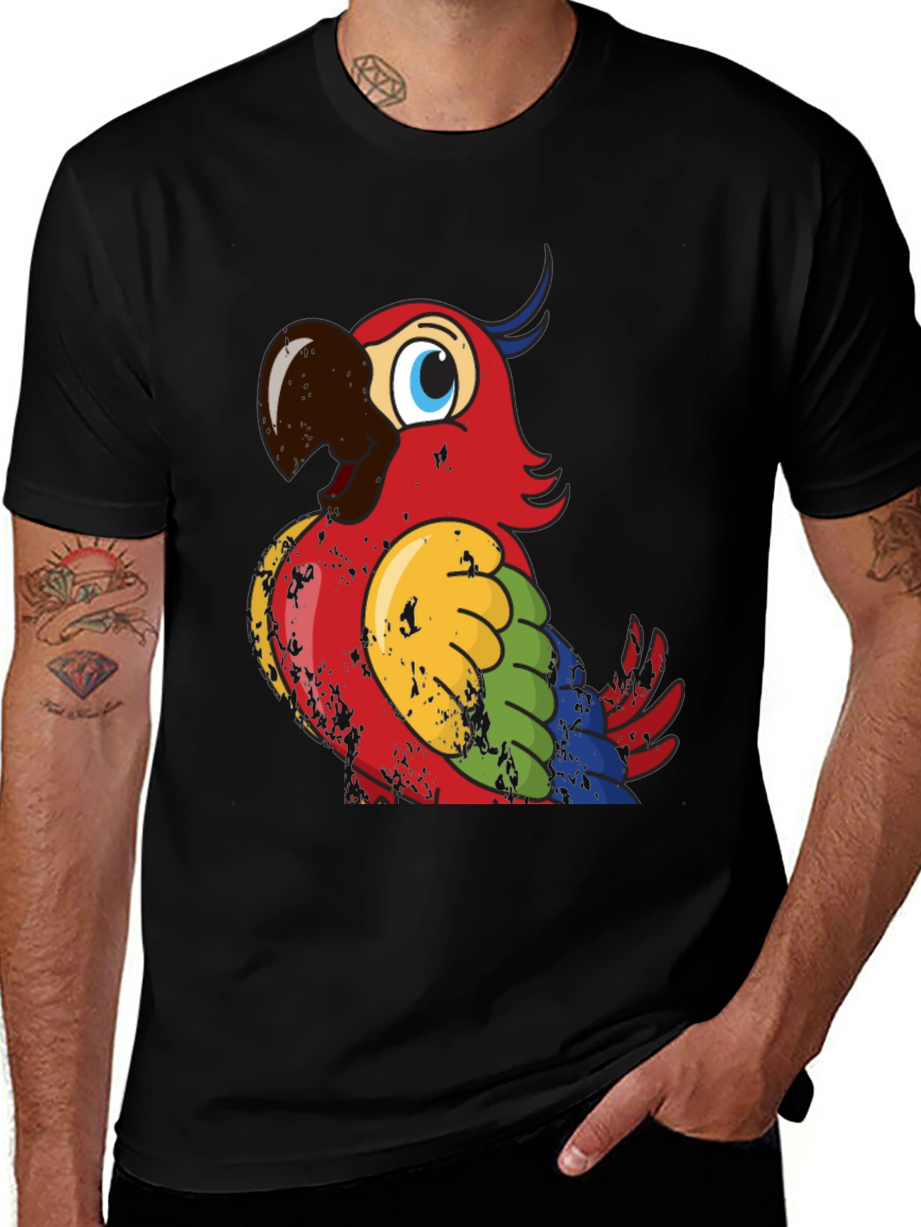 Variant 12 of Colorful Parrot Graphic Black T-Shirt