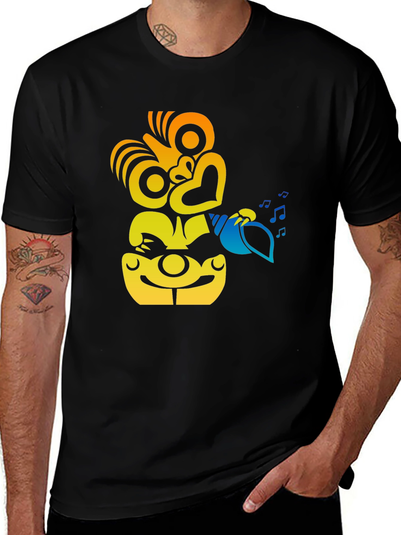 Tribal Tiki Man T-Shirt - Conch Horn Player Design
