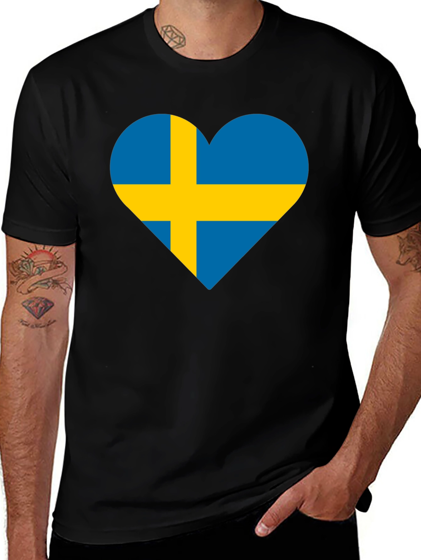 Sweden Flag Heart Graphic Black T-Shirt