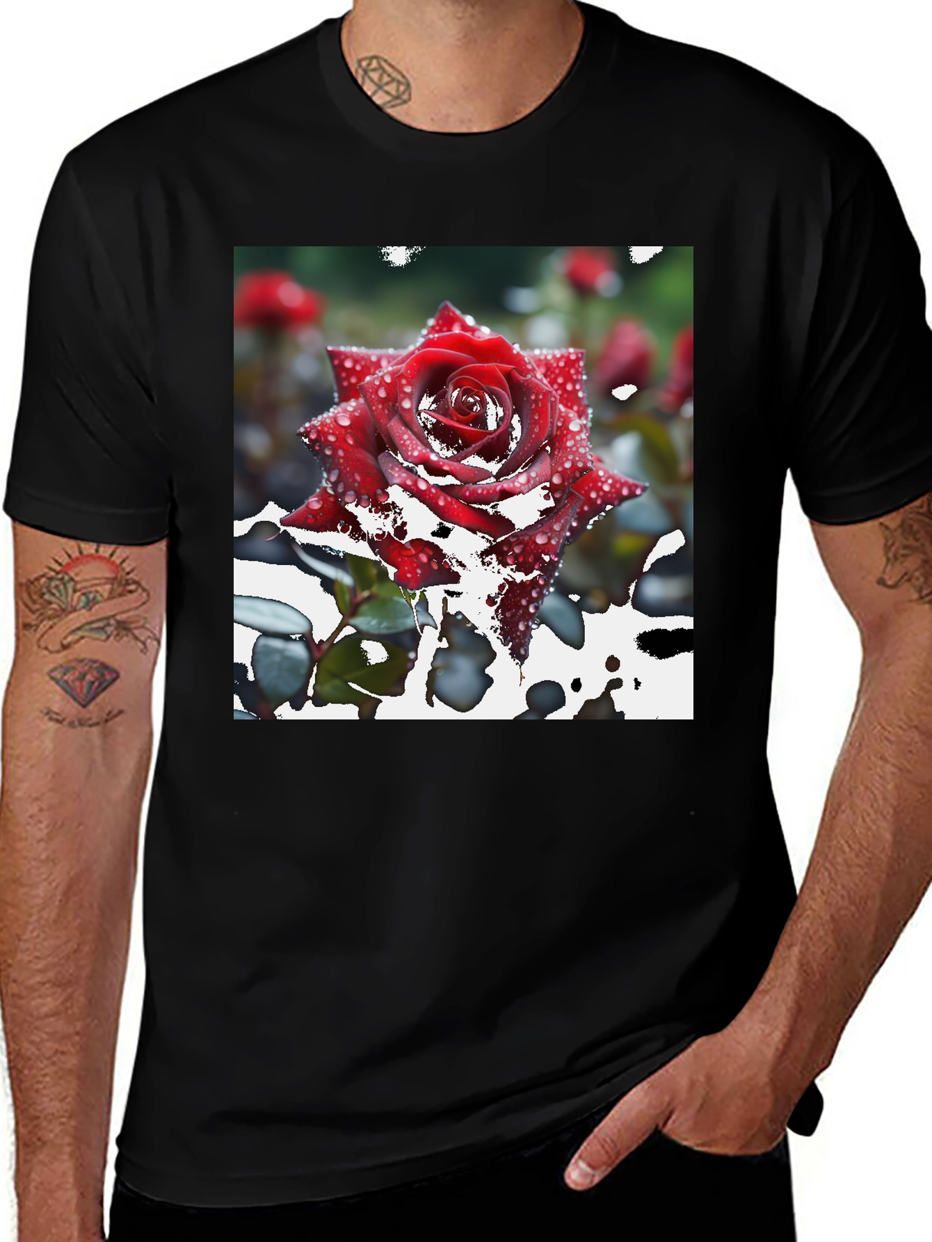 Red Rose on Black T-Shirt