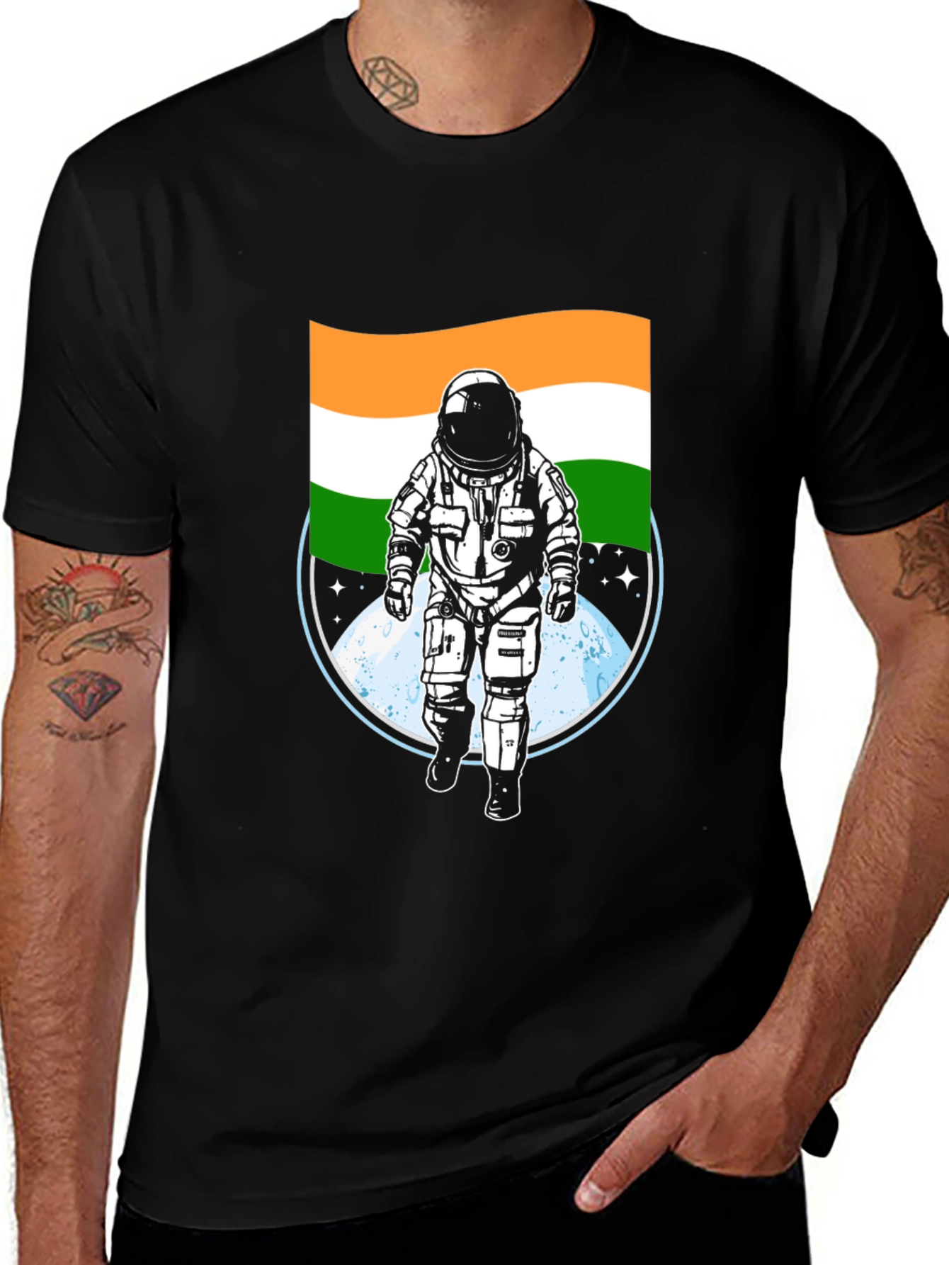 Variant 6 of Astronaut India Flag Graphic Tee - Black