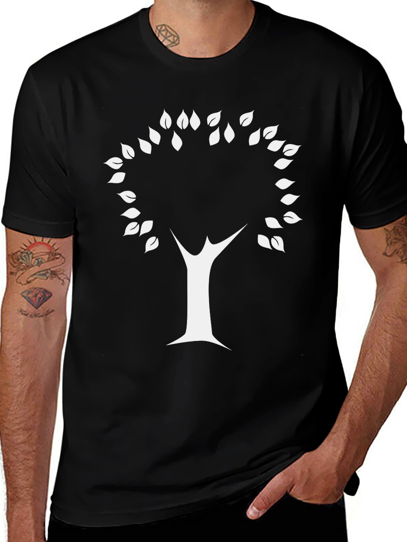 Variant 24 of Elegant Black T-Shirt with White Tree of Gondor Design