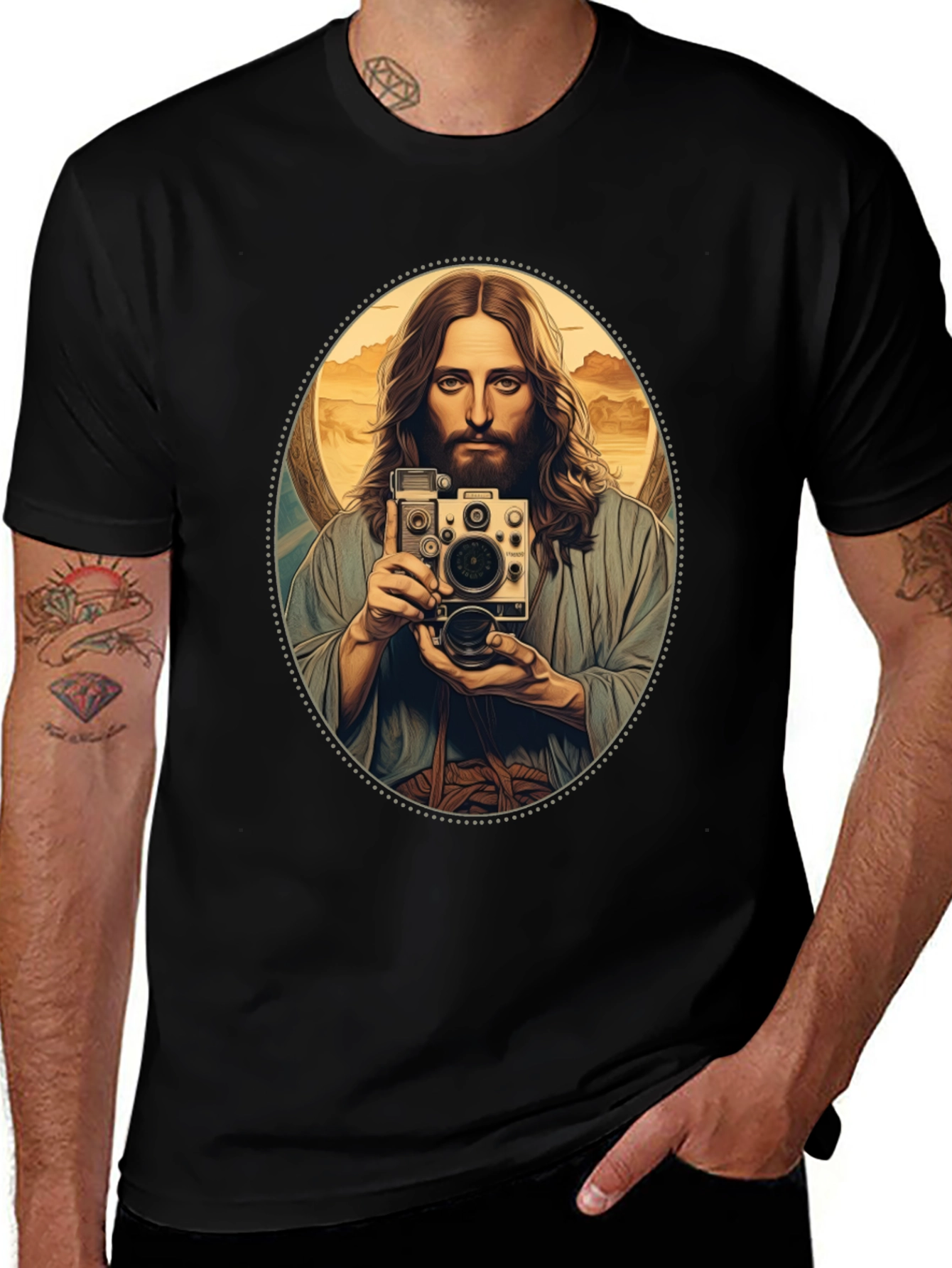 Variant 12 of Jesus Taking Selfie T-Shirt - Black