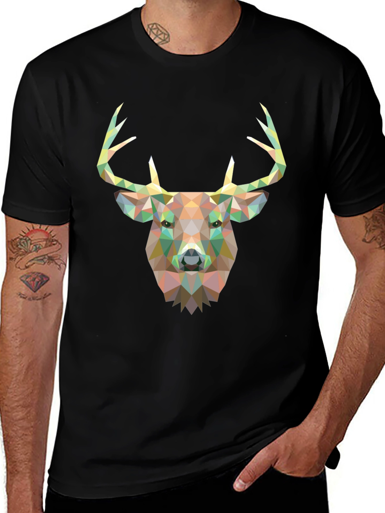 Variant 11 of Geometric Deer Head Graphic Tee - Black Cotton T-Shirt