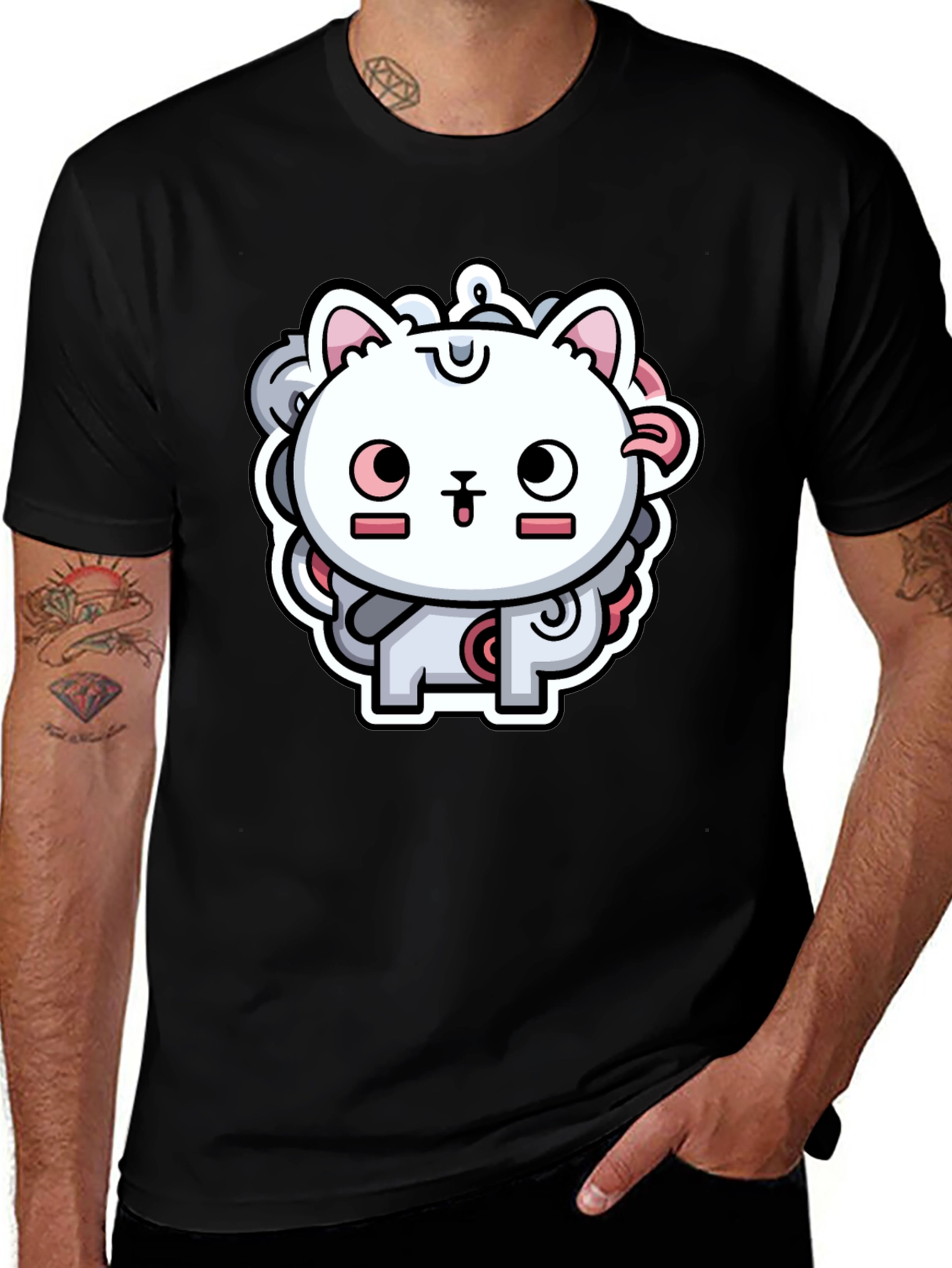 Variant 30 of Cute Cartoon Cat Graphic Tee - Black T-Shirt