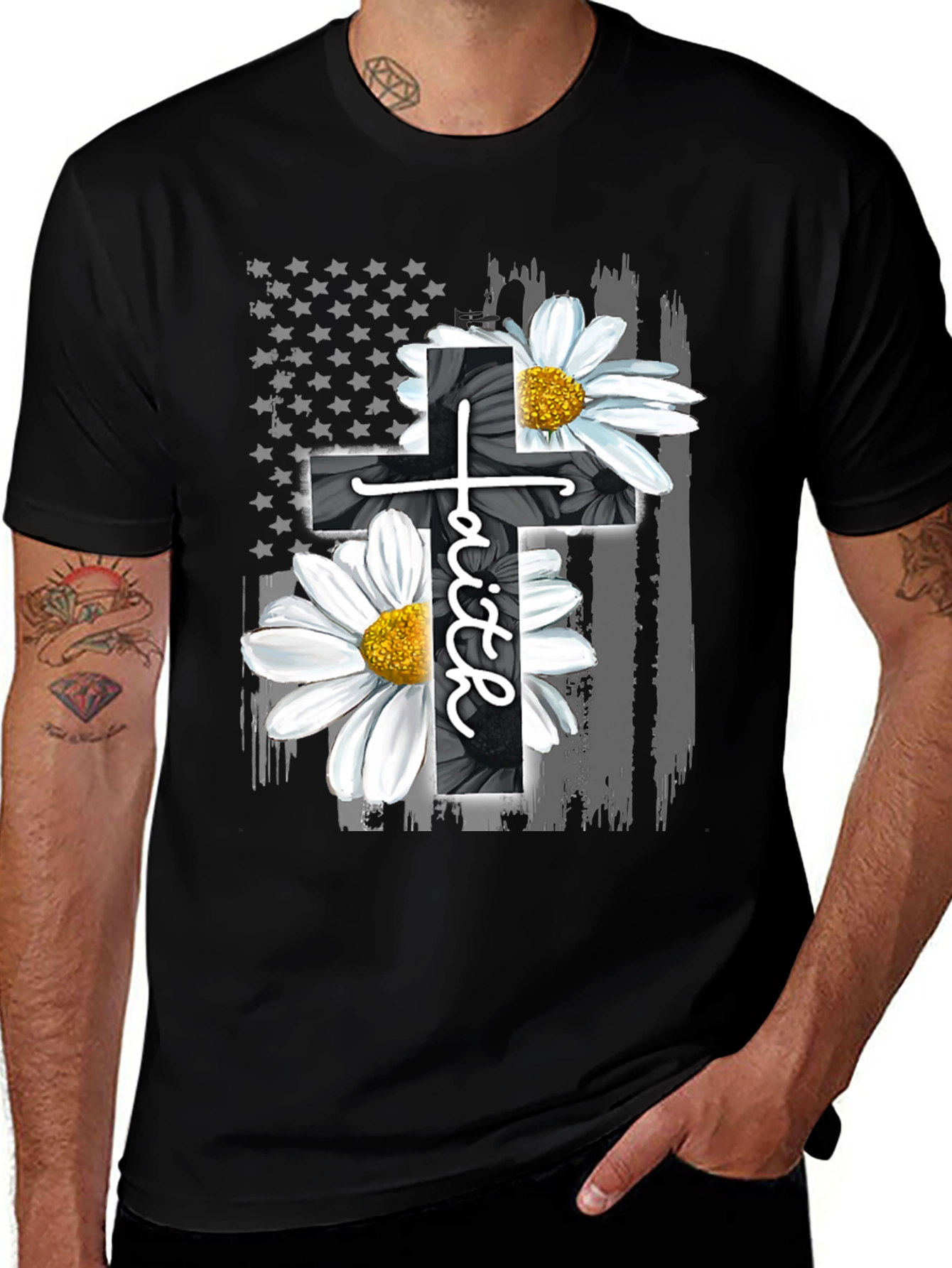 Variant 25 of Faith Cross Flower USA Flag Graphic Tee