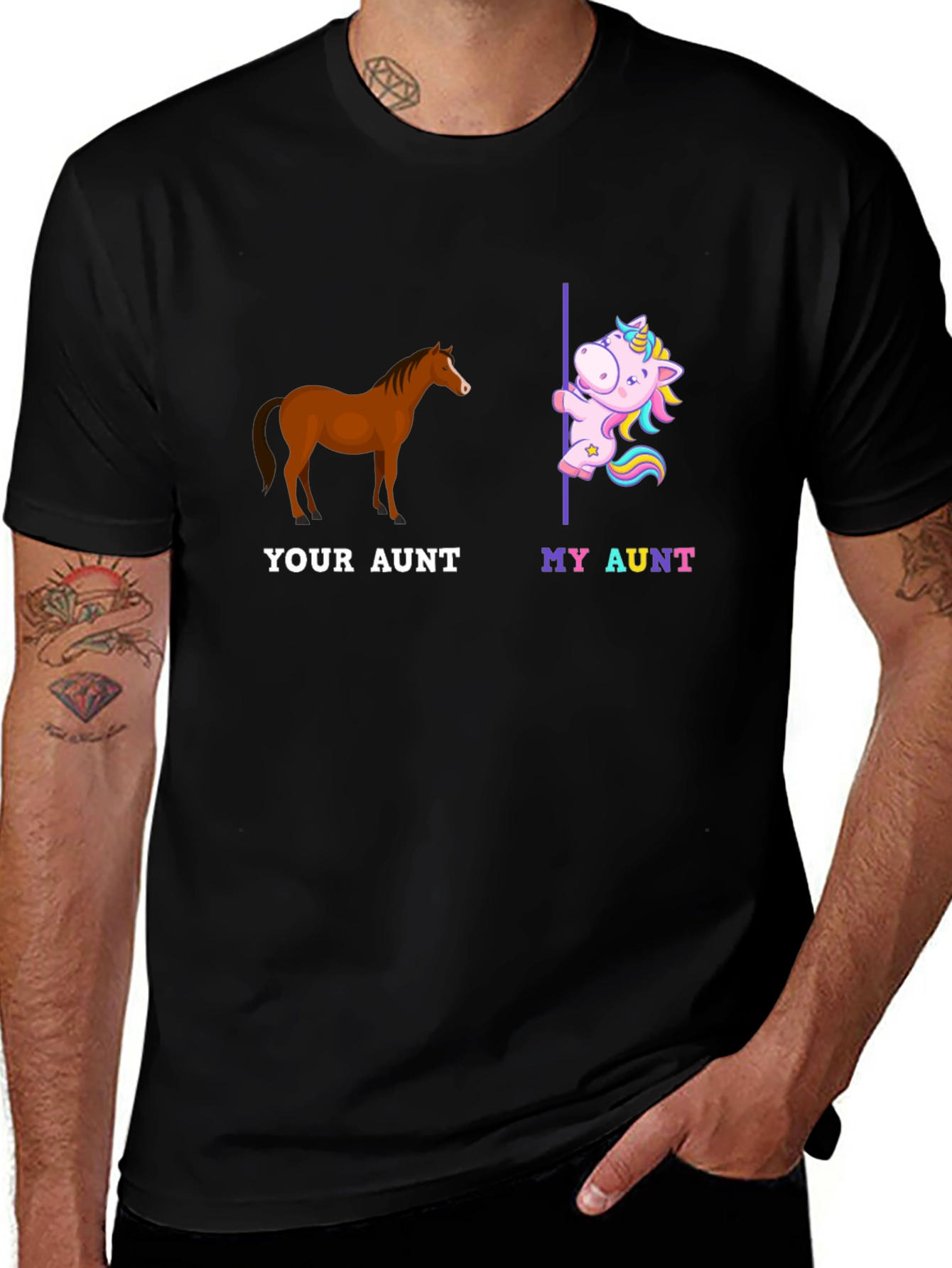 Black Funny Aunt T-Shirt - Horse and Unicorn Design main image