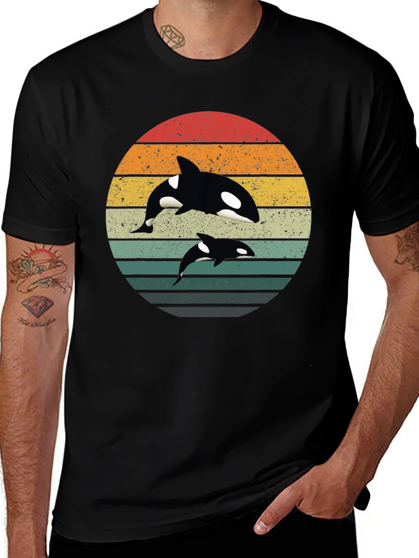 Orca Sunset T-Shirt - Black, Retro Style